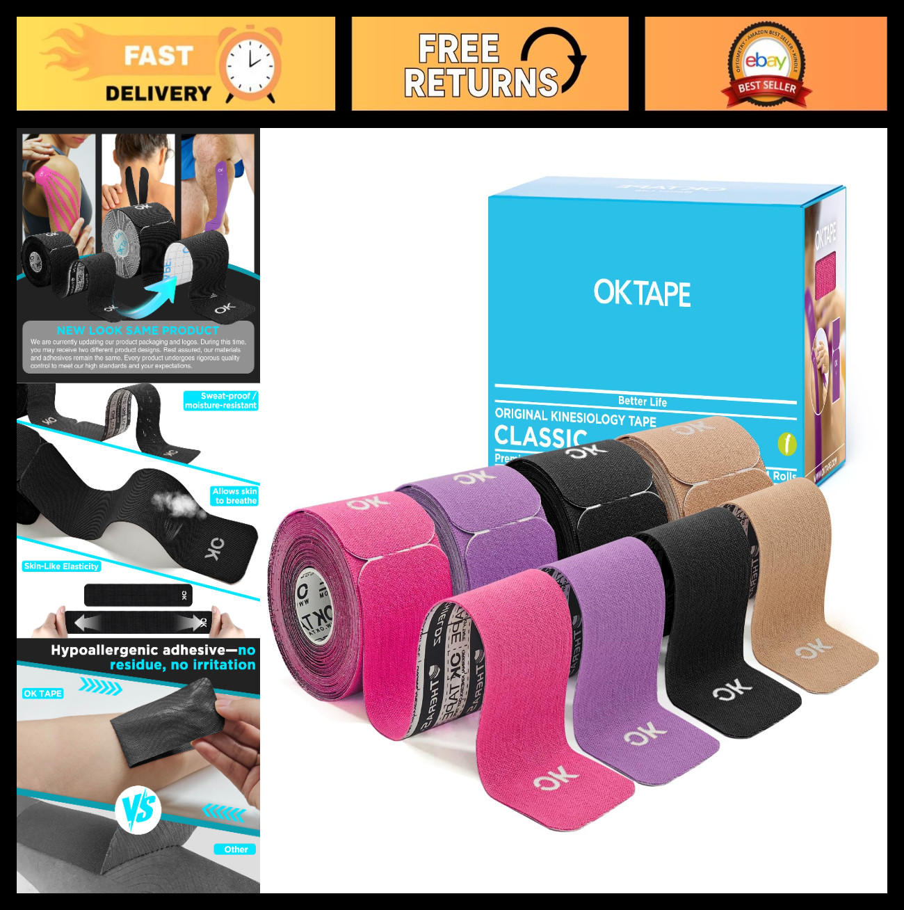 Kinesiology Tape 4 Rolls Precut Cotton Elastic Athletic Tape, Latex Free, 2in x