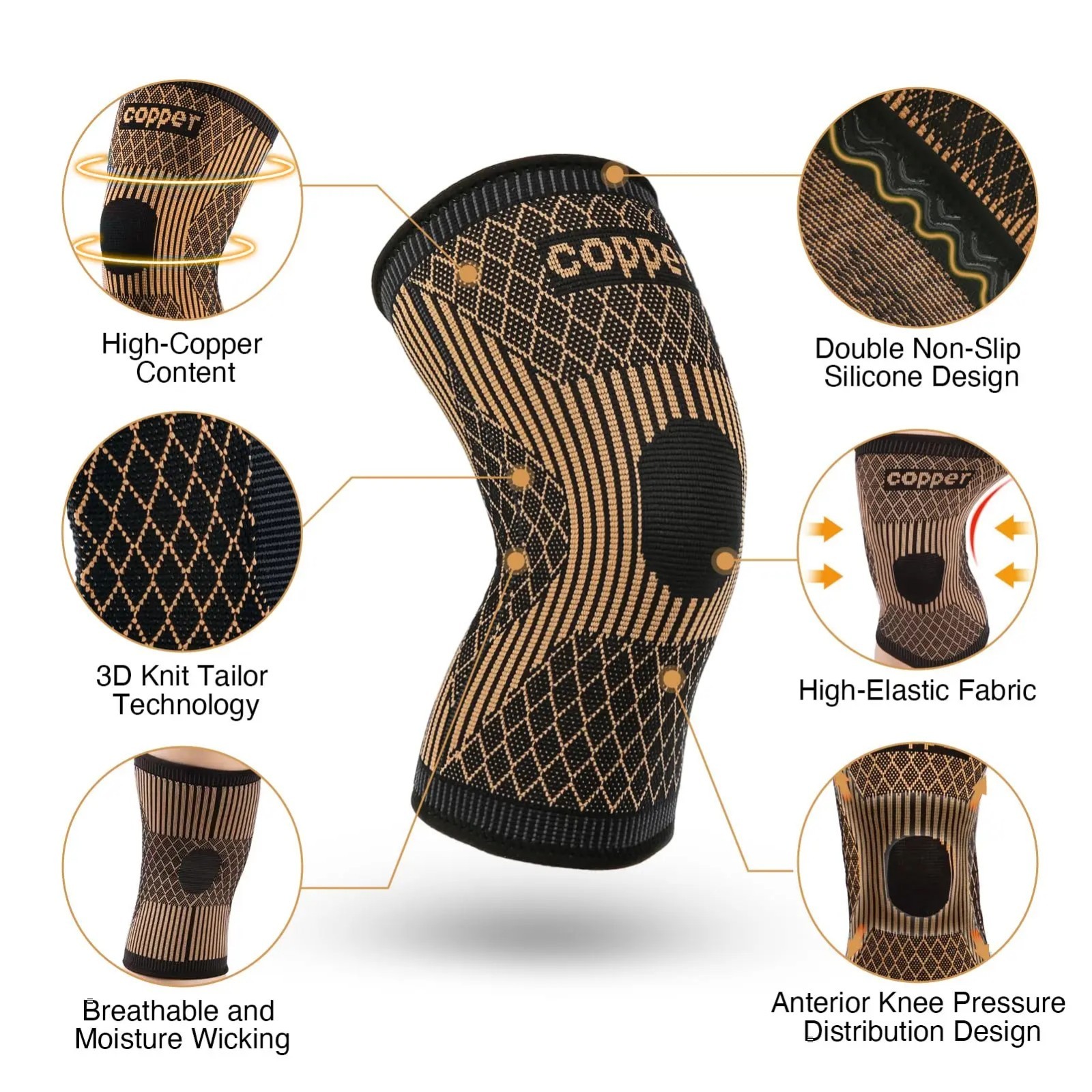 Copper Knee Support Compression Sleeve Joint Pain Relief Running Sizes S-XXL