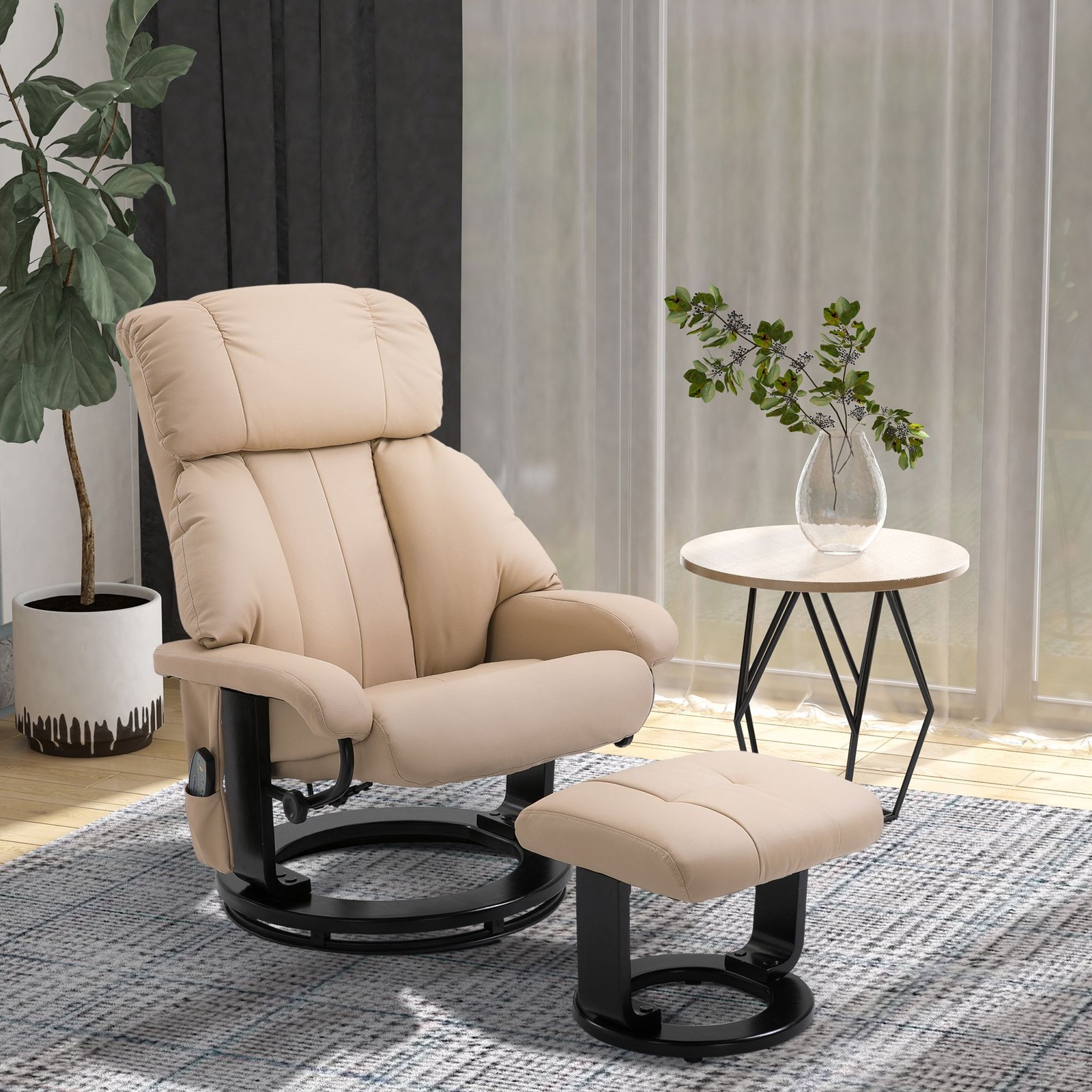Beige Massage Recliner Chair with Ottoman, 10 – Point Vibrating Heat Function