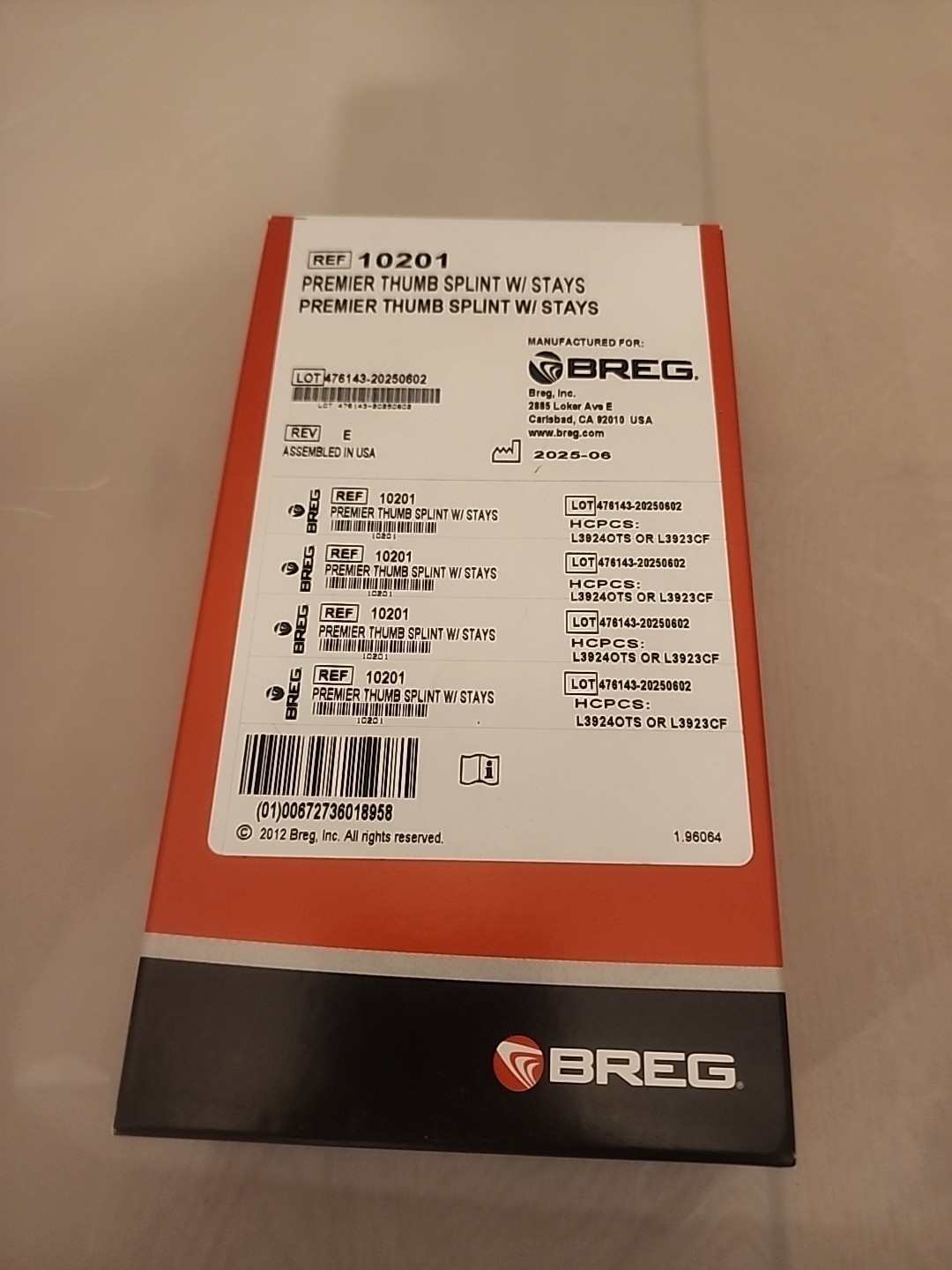 BREG Premier Thumb Splint with Stays 10201 FREE SHIPPING Open Box