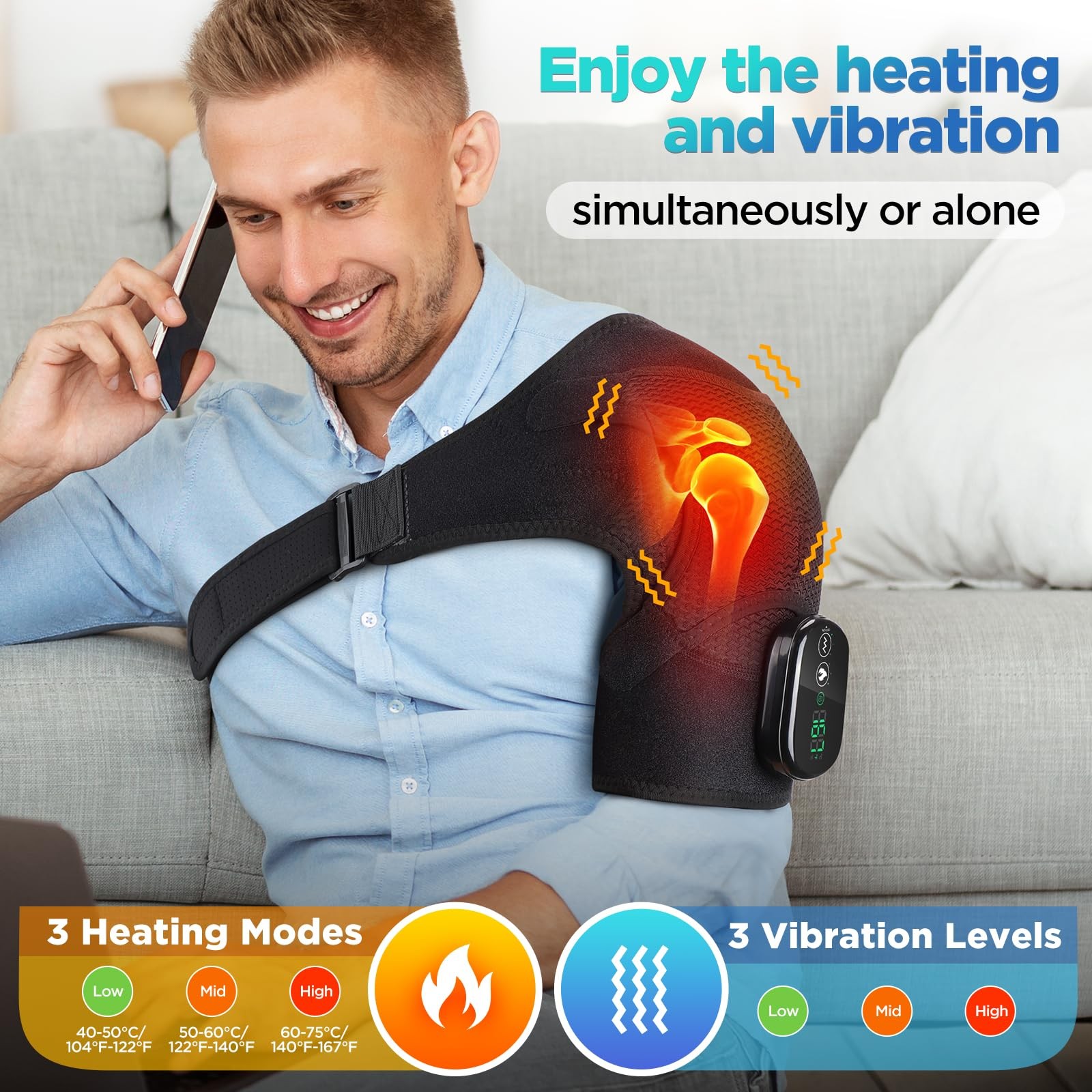Cordless Portable Shoulder Heating Pad Massager Vibration Support Black Wrap