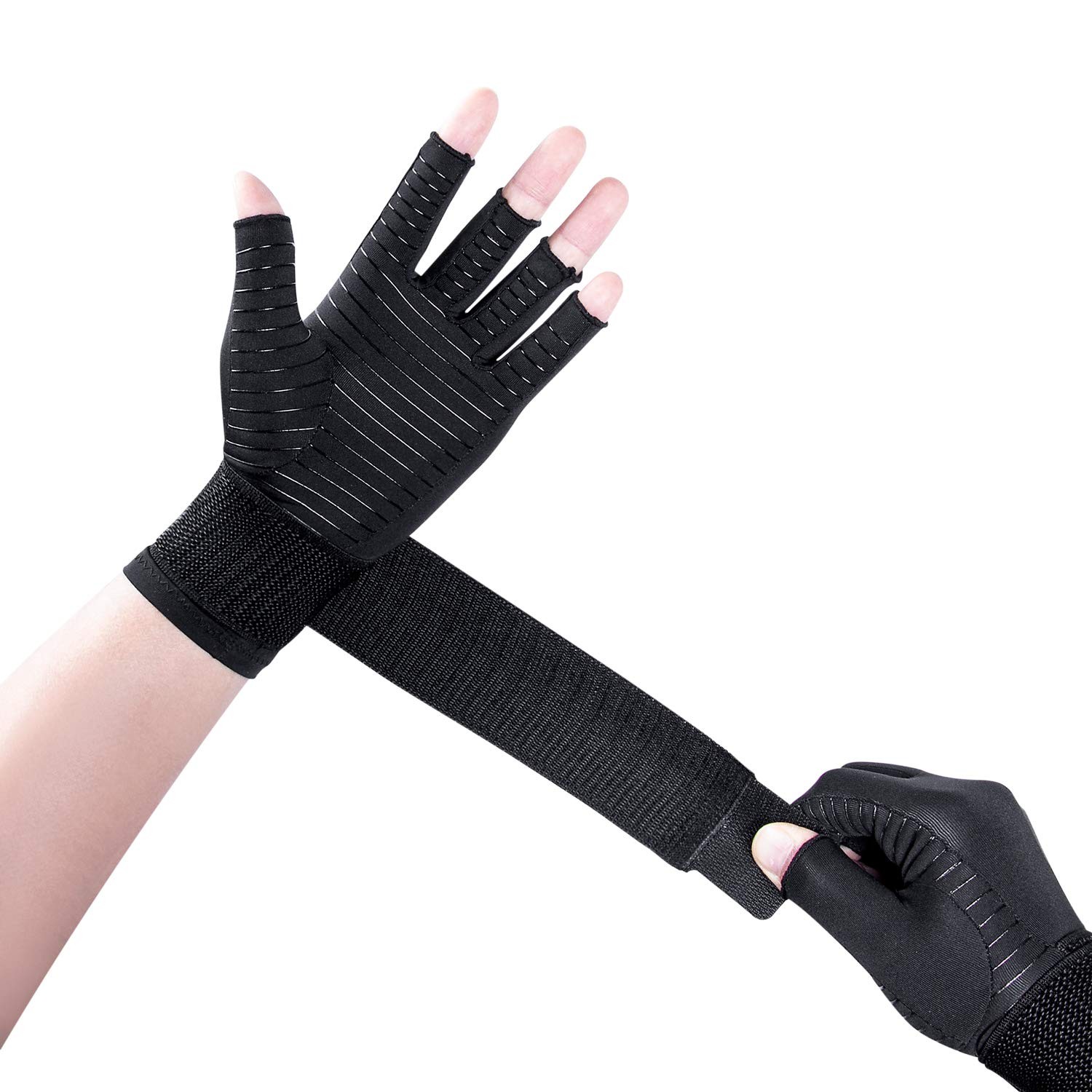 THX4COPPER Compression Arthritis Gloves with Strap, Large-X-Large, Black