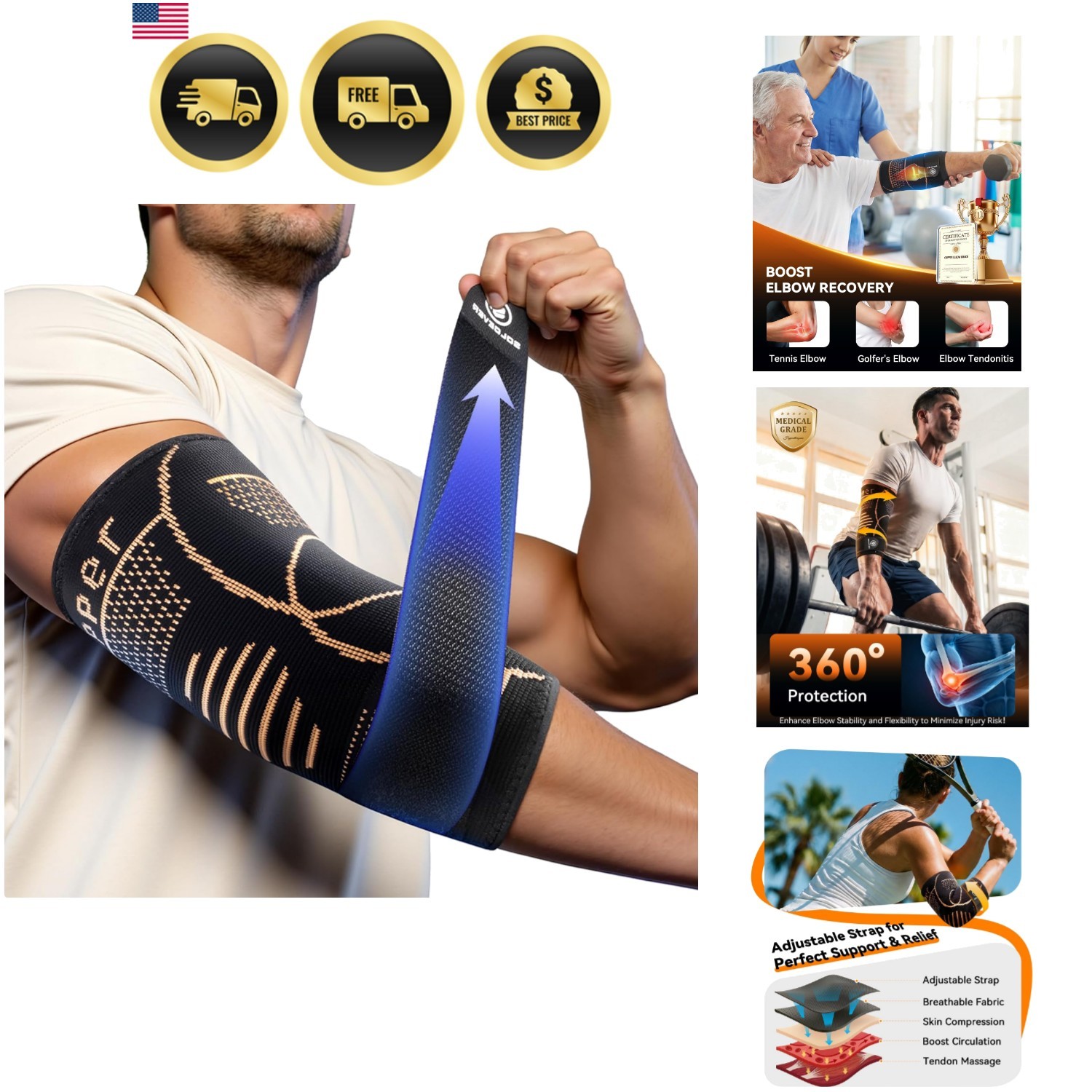 Copper Elbow Compression Sleeve with Adjustable Strap [Medical-Grade ＆ Target…