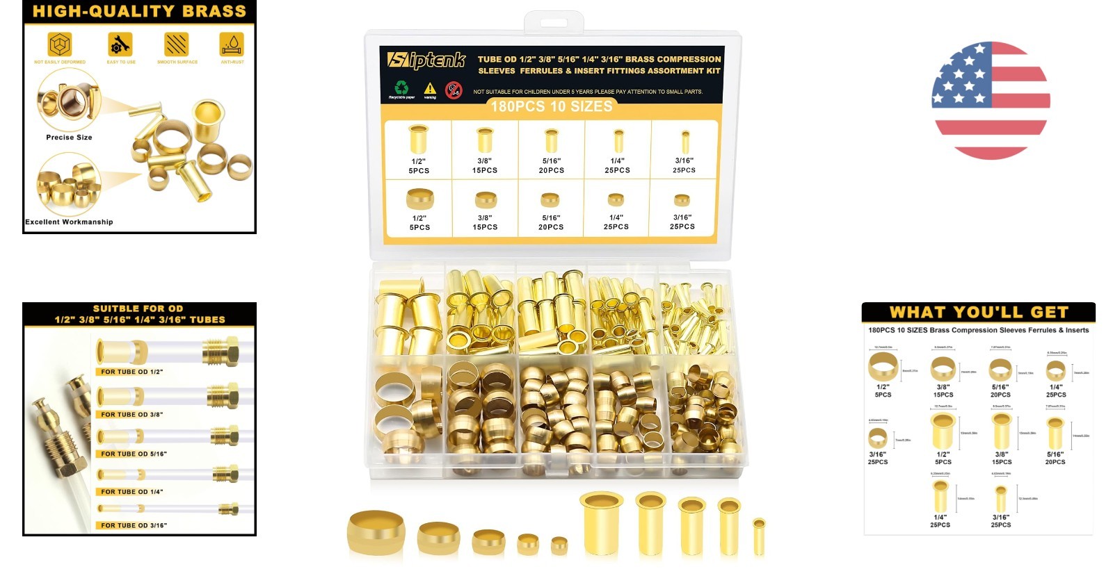 180PCS Brass Compression Sleeves & Inserts – Versatile Sizes Available