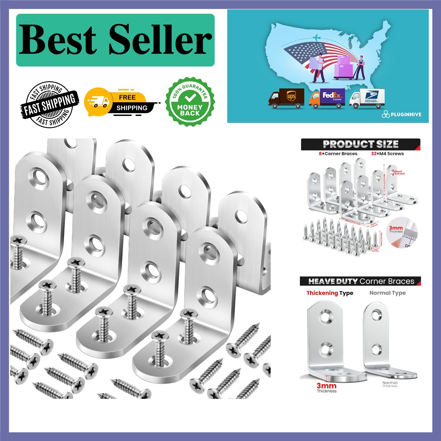 8 Heavy Duty Corner Braces, Stylish Brushed Stainless Steel, Easy Wall Mounting