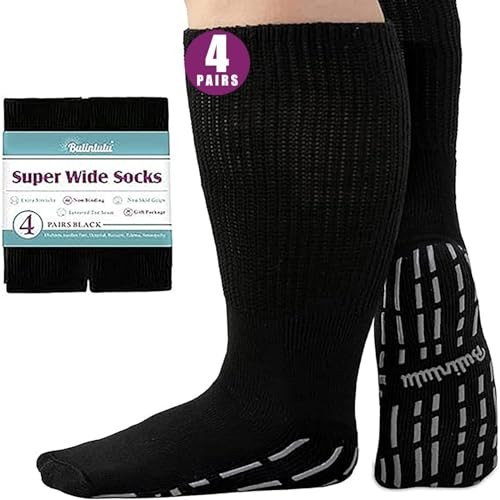 Extra Width Socks for Swollen Feet-4 Pairs Hospital Grip One Size Black