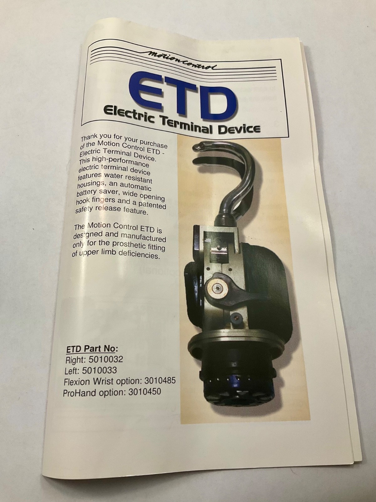 FILLAUER EDT Motion Control Myoelectric Prosthetic Hook Right Hand NIB #909