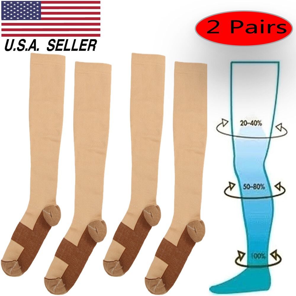2 Pairs Copper Compression Socks 20-30mmHg Graduated Support Mens Womens S-XXL