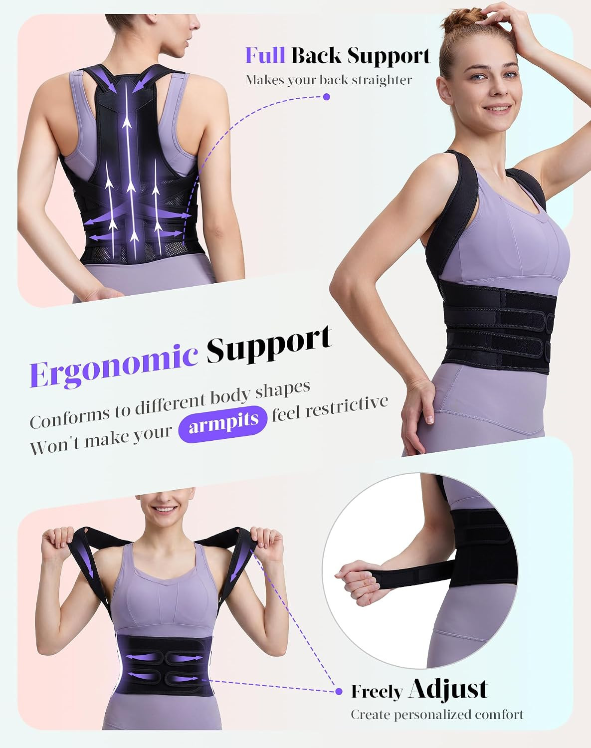 Posture Corrector for Women and Men, Full Back Support Brace, Black, Large | Adj