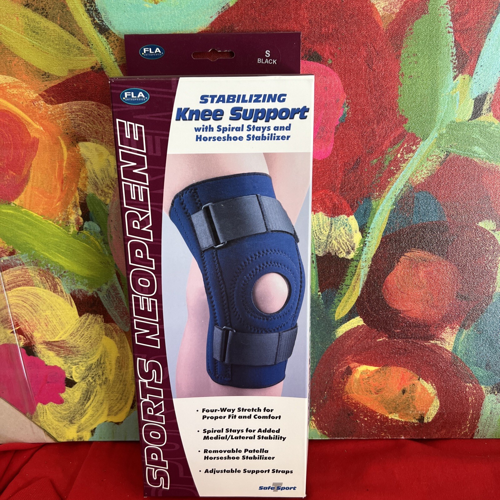 FLA Small Stabilizing Knee Support w/Spiral Stays & Horseshoe Stabilizer Blk NIB