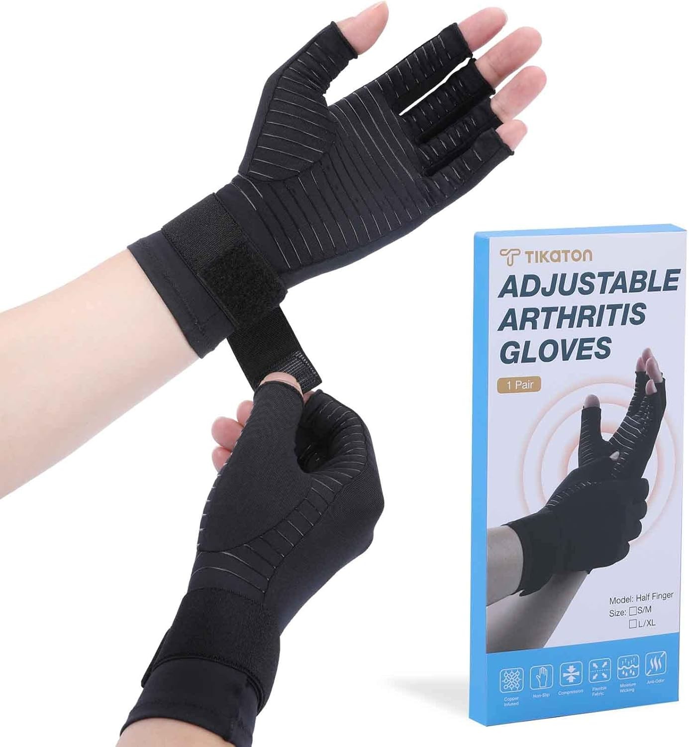 Tikaton Copper Infused Compression Arthritis Gloves with Wrist Strap for Hand Pa