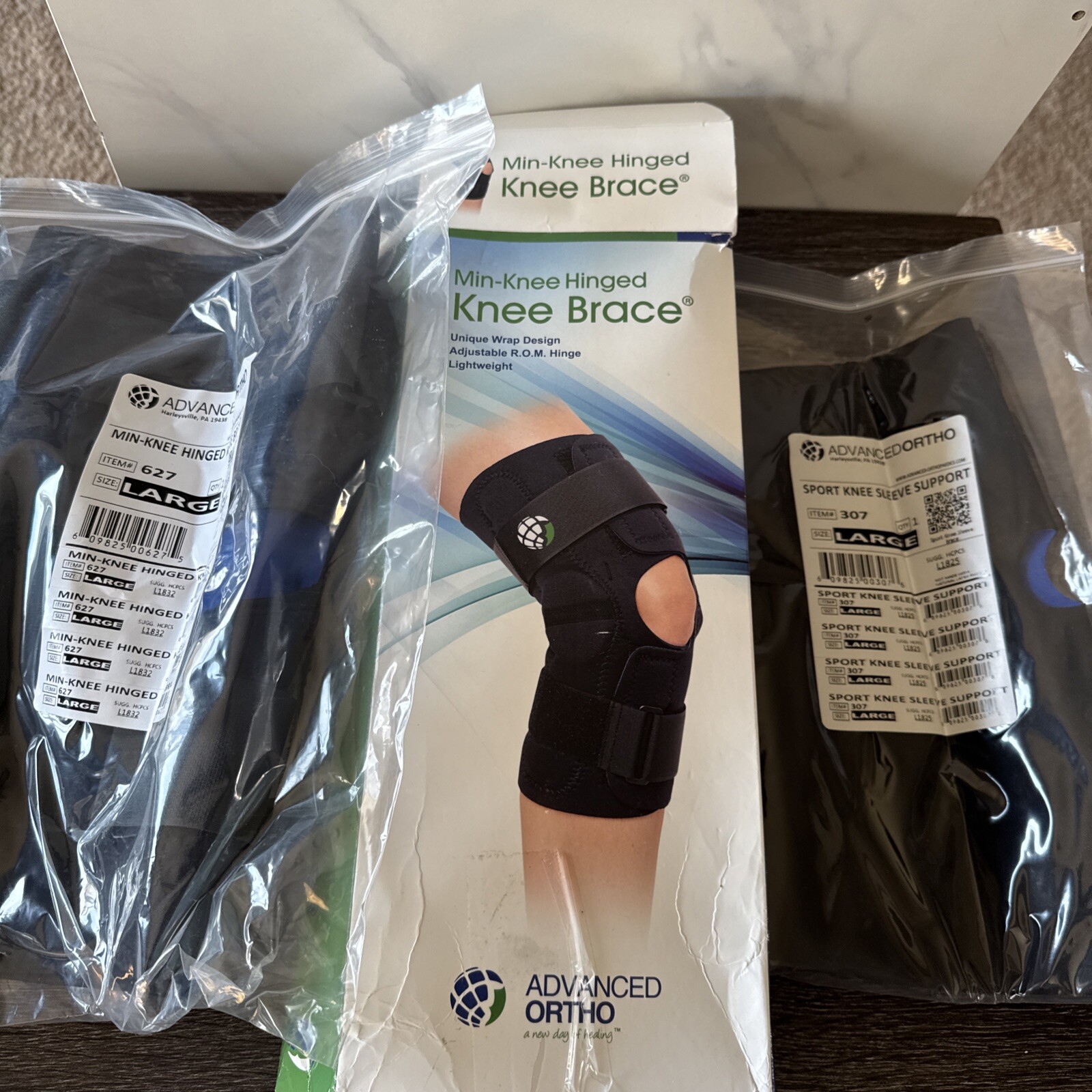 Advanced Ortho Min-Knee Hinged Knee Brace 627 & Sport Sleeve Support 307 LARGE