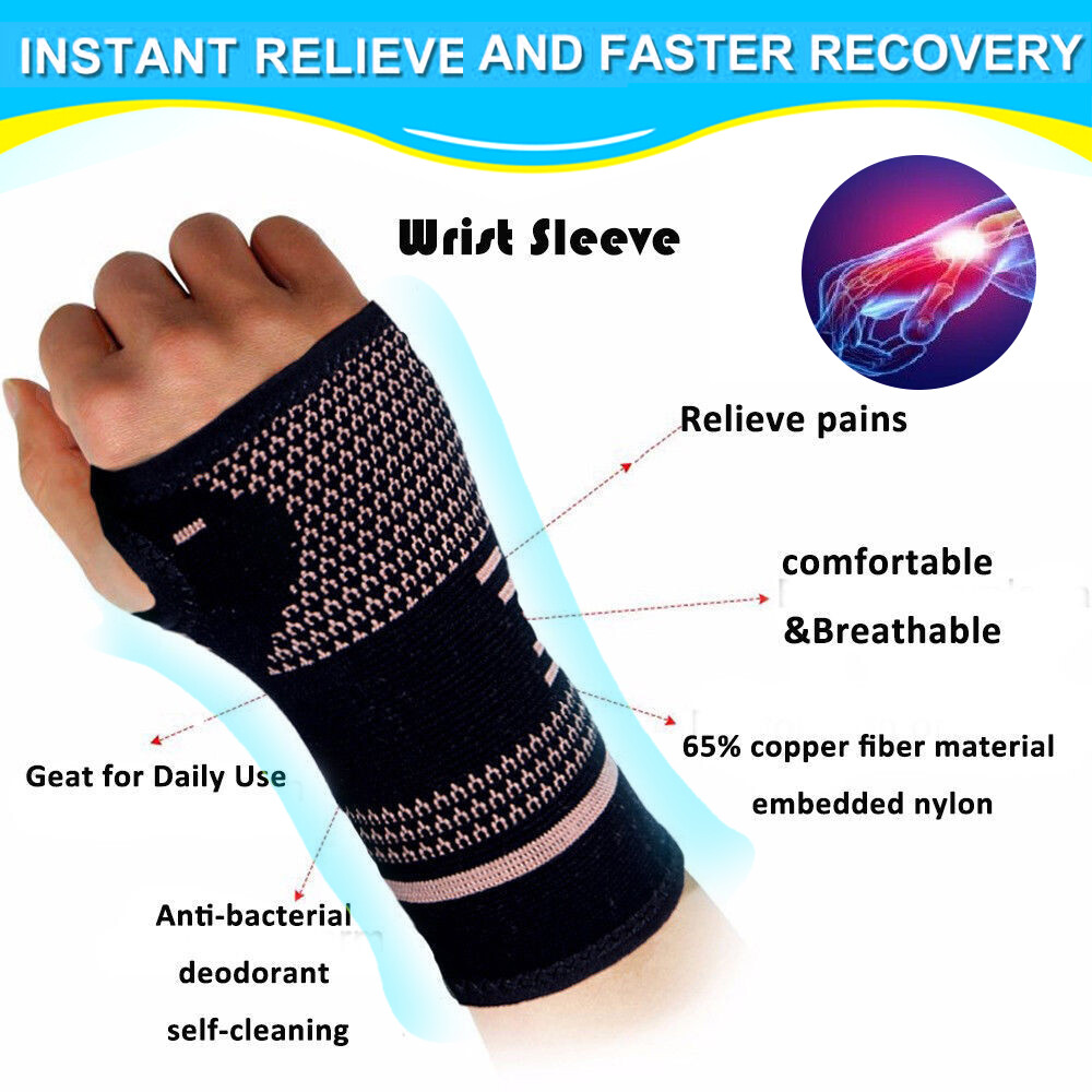 Copper Wrist Brace Support Compression Sleeve Arthritis Gym Carpal Tunnel Hand