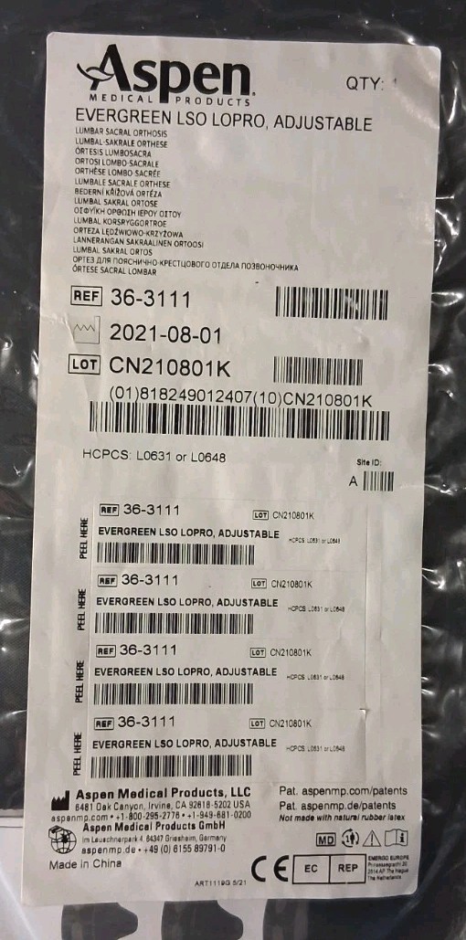 Aspen Evergreen LSO LOPRO Adjustable Back Brace 36-3111 New In Sealed Package