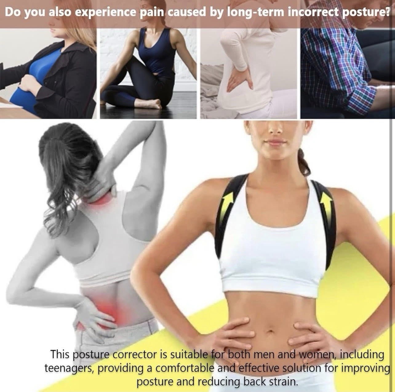 Adjustable Breathable Back Posture Corrector Brace, Nylon, Chest 27-46 in, Black