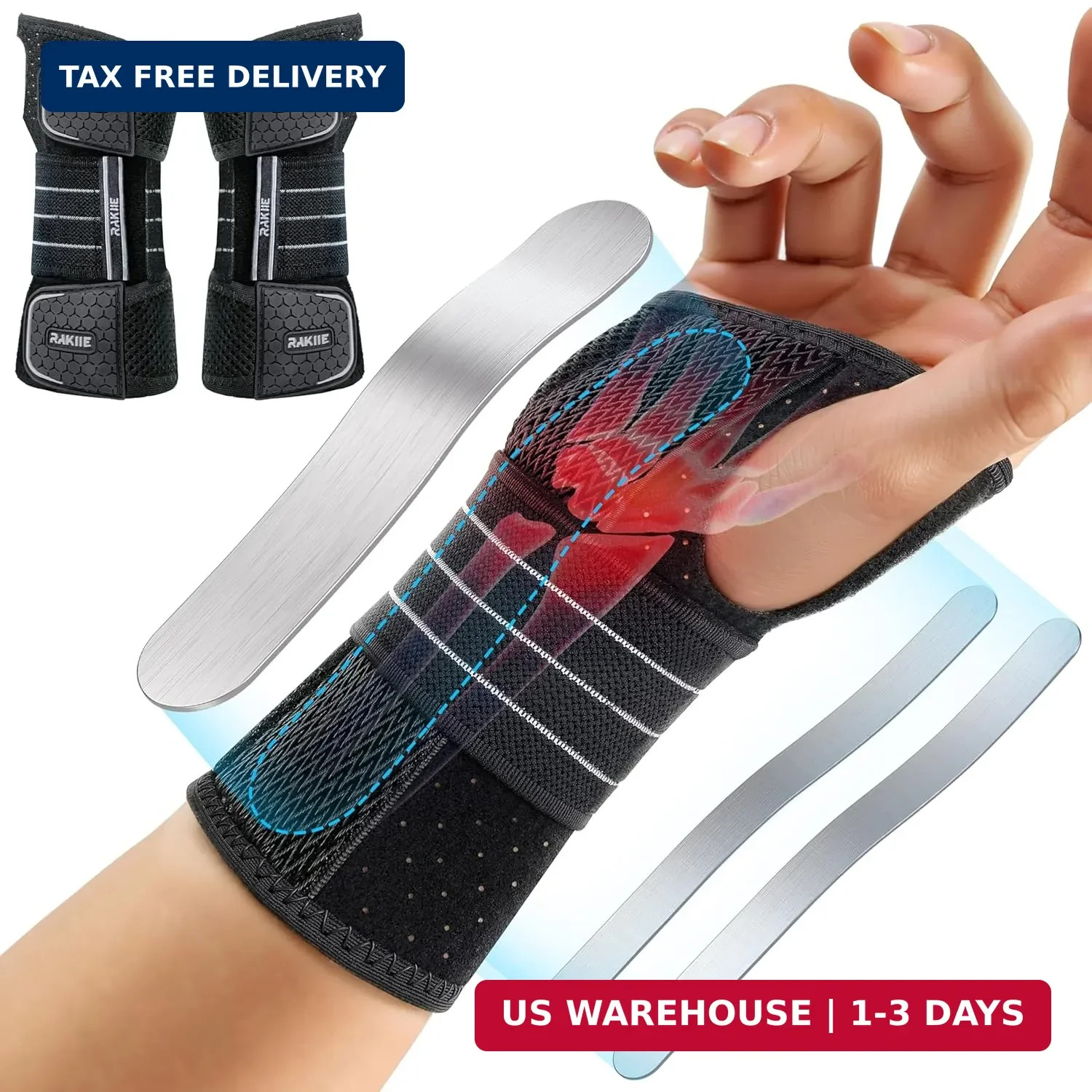 Rakiie 2 Pack Carpal Tunnel Wrist Braces, Adjustable Wrist Support Splint for Ni