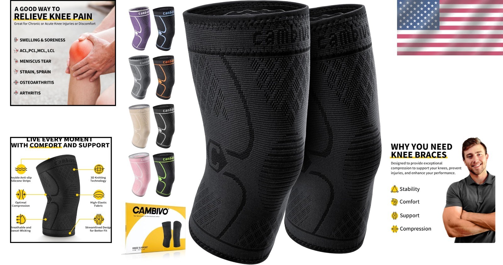 Men and Women’s Knee Support Sleeves – 2 Pack XX-Large for Sports & Pain Relief