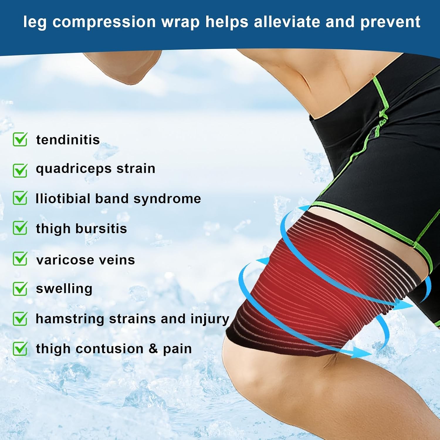 2 PCS Thigh Hamstring Compression Sleeve Black 200Cm x 8Cm Nylon-Lycra Blend