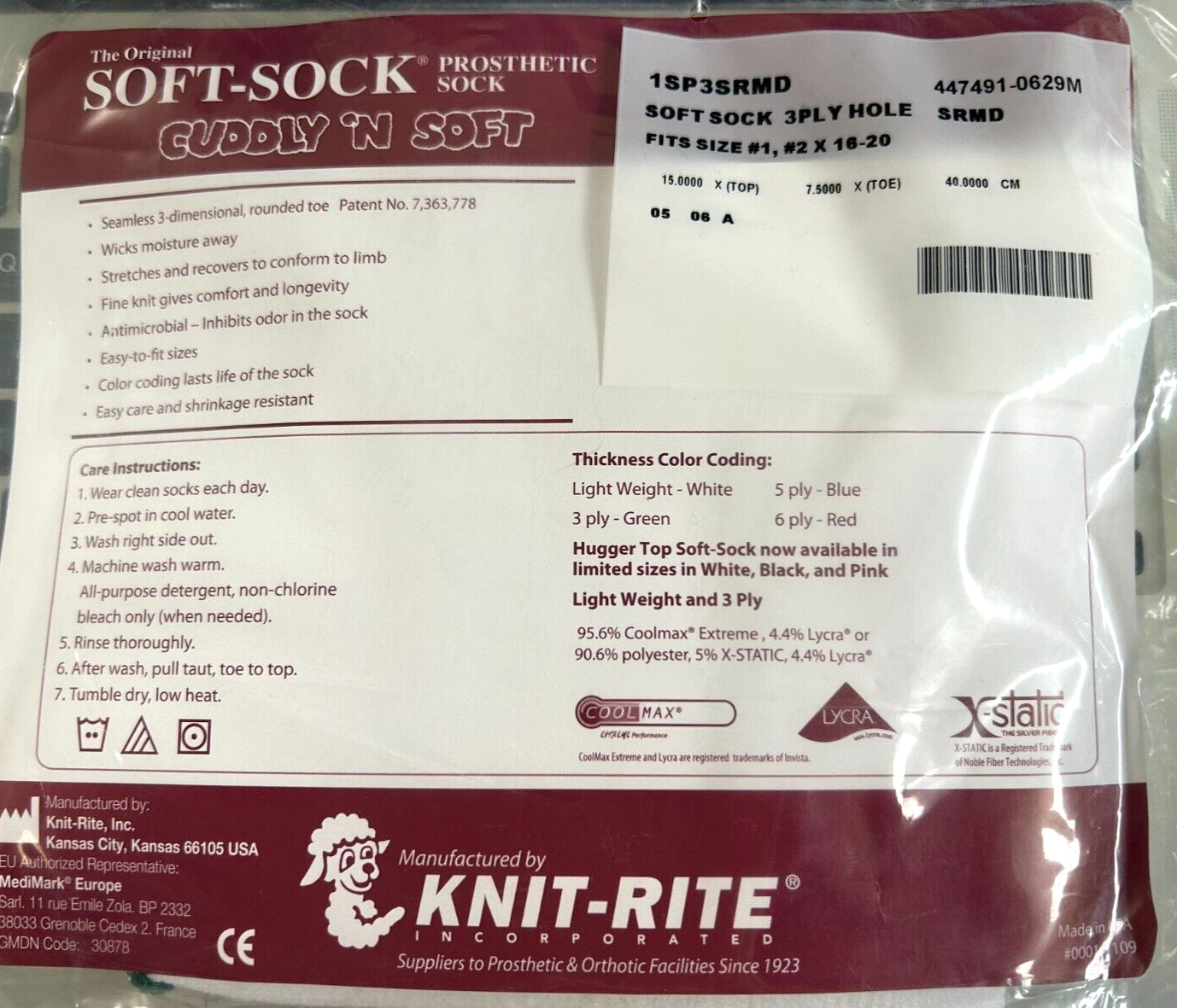 NEW Knit-Rite Soft Sock Prosthetic 1SP3SRMD 3-PLY Soft Medium 1, 2/16”-20”