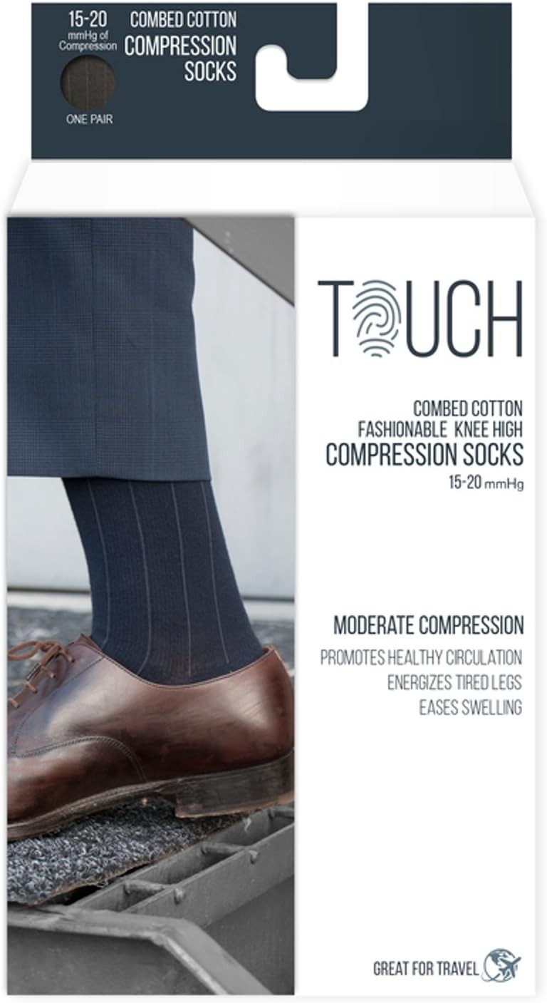 TOUCH Compression Socks for Men, 15-20 mmHg, Ribbed, Cotton, Brown, Large