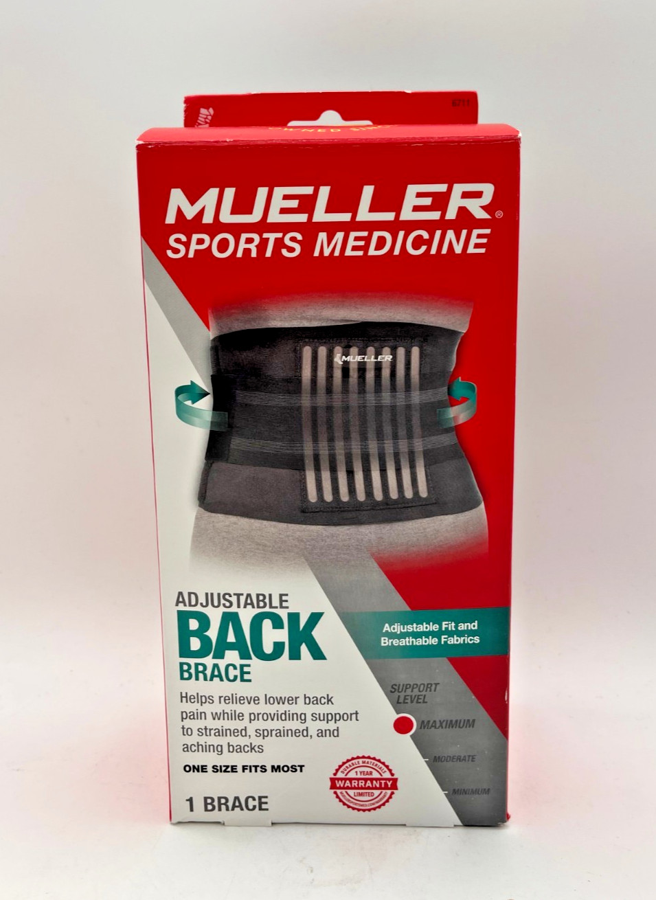 MUELLER SPORTS MEDICINE ADJUSTABLE BACK BRACE MAXIMUM SUPPORT ONE SIZE NEW