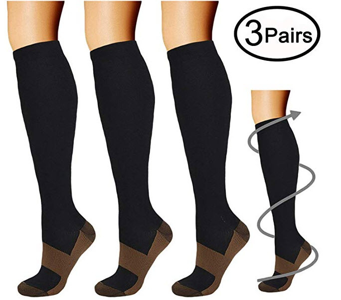 (3 Pairs) Copper Infused Compression Socks 15-20mmHg Graduated UNISEX S-XXL