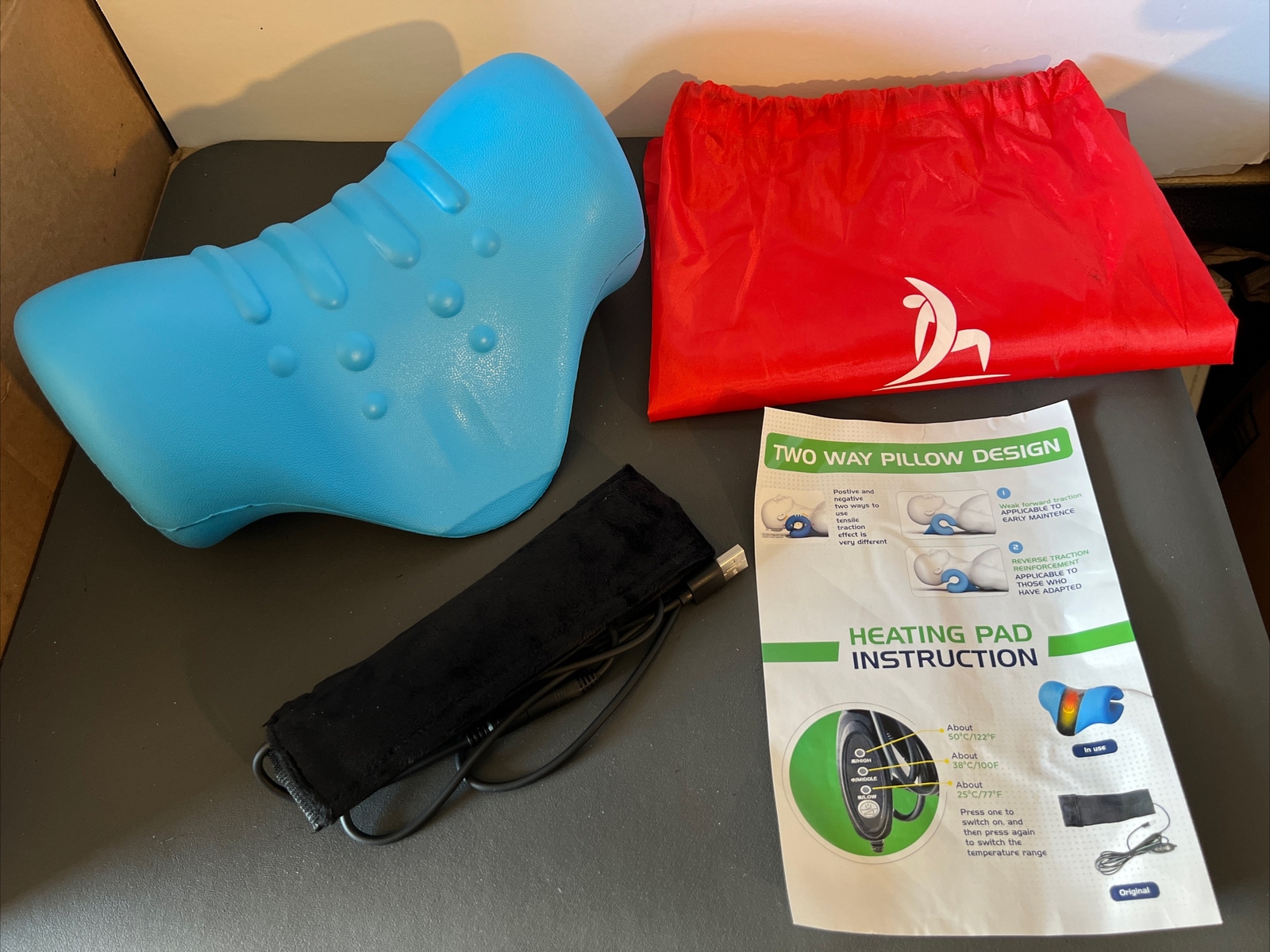 Cervical Neck Pillow stretcher Traction Pain Relief Dr.Healing W/ Heating Pad