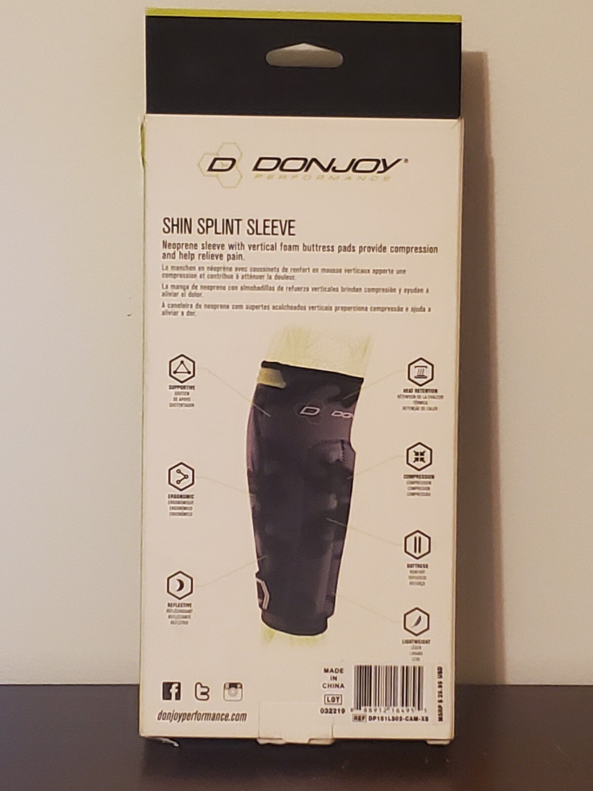 DonJoy Performance Neoprene Shin Splint Sleeve – Black / Grey Camo / Lime – XS