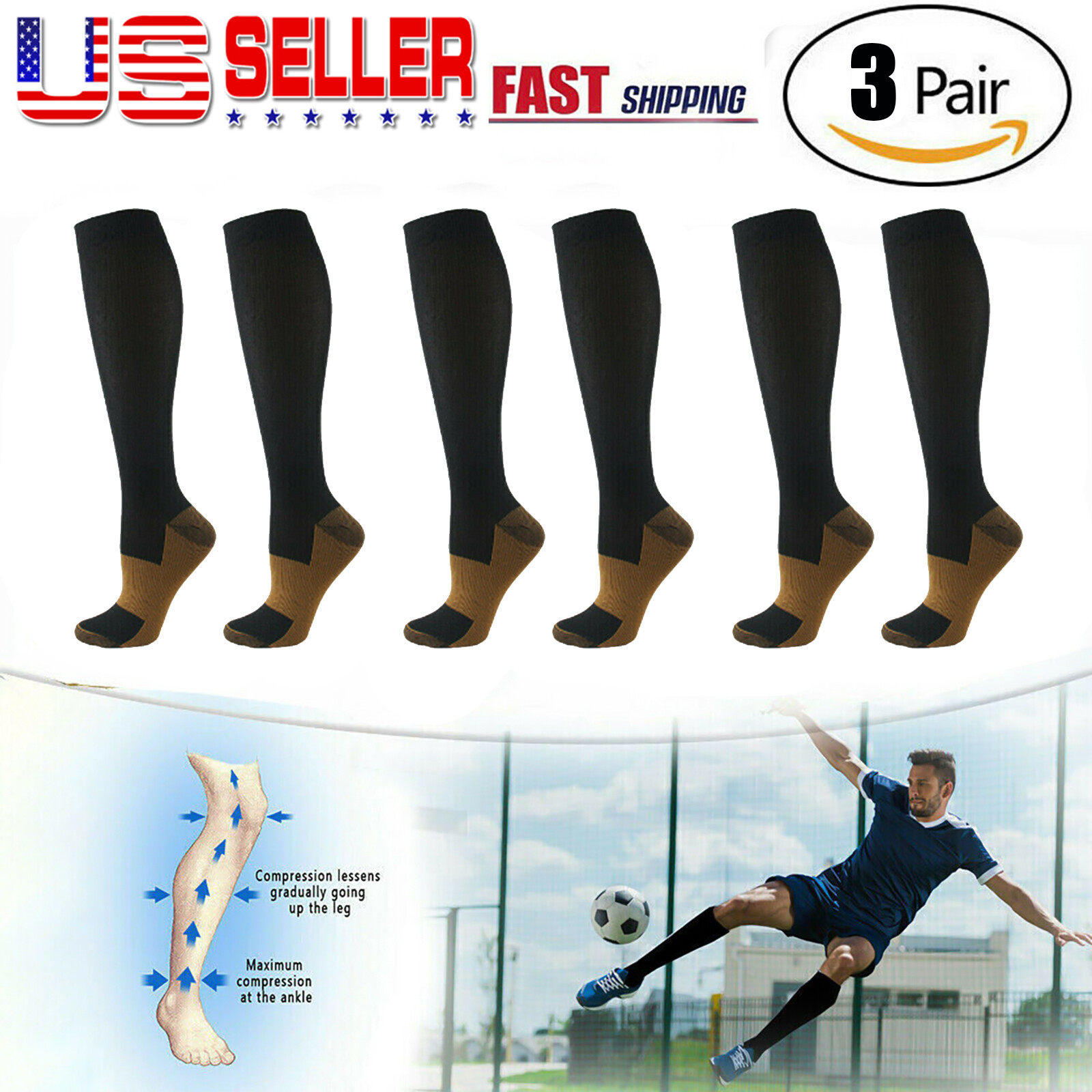 3 Pairs Compression Graduated Support Socks Knee High Copper 20-30mmHg Men/Women