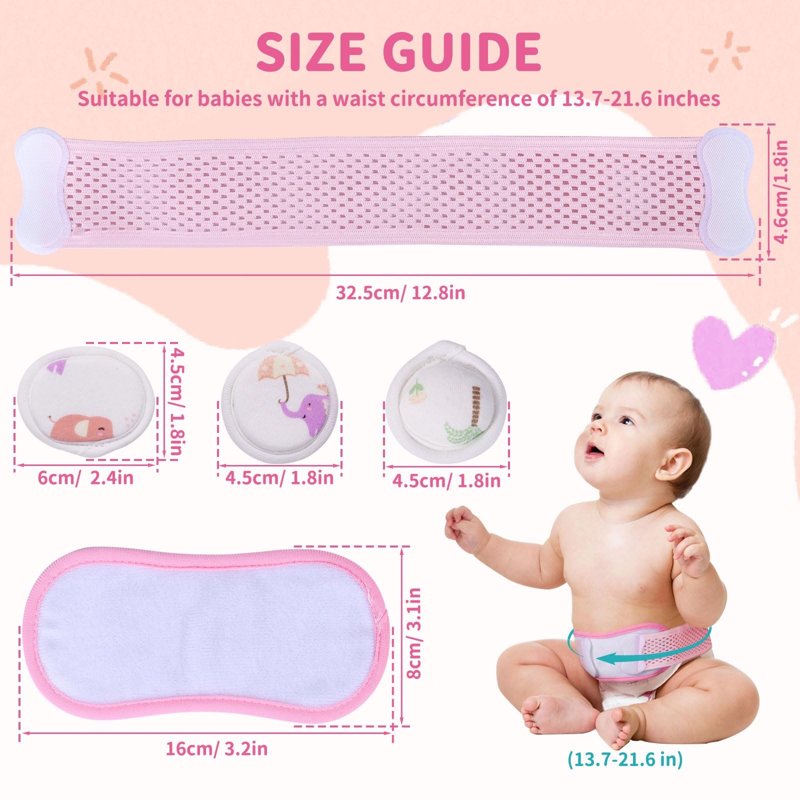 Baby Umbilical Hernia Belt Navel Band 3 Compression Pads 14-21 Inch Pink