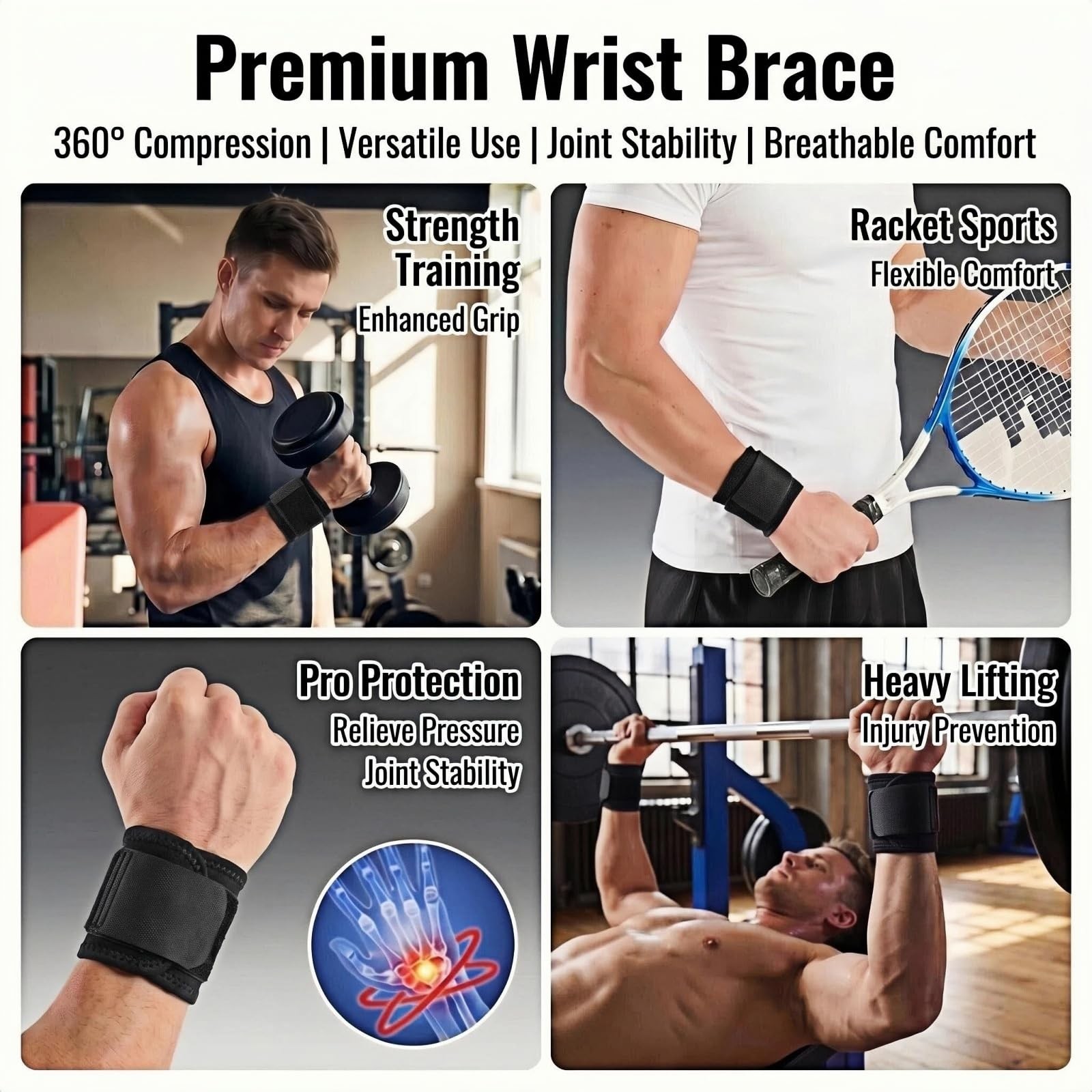 SUXEOTS Adjustable Wrist Support Brace, Compression Wraps for Men Black