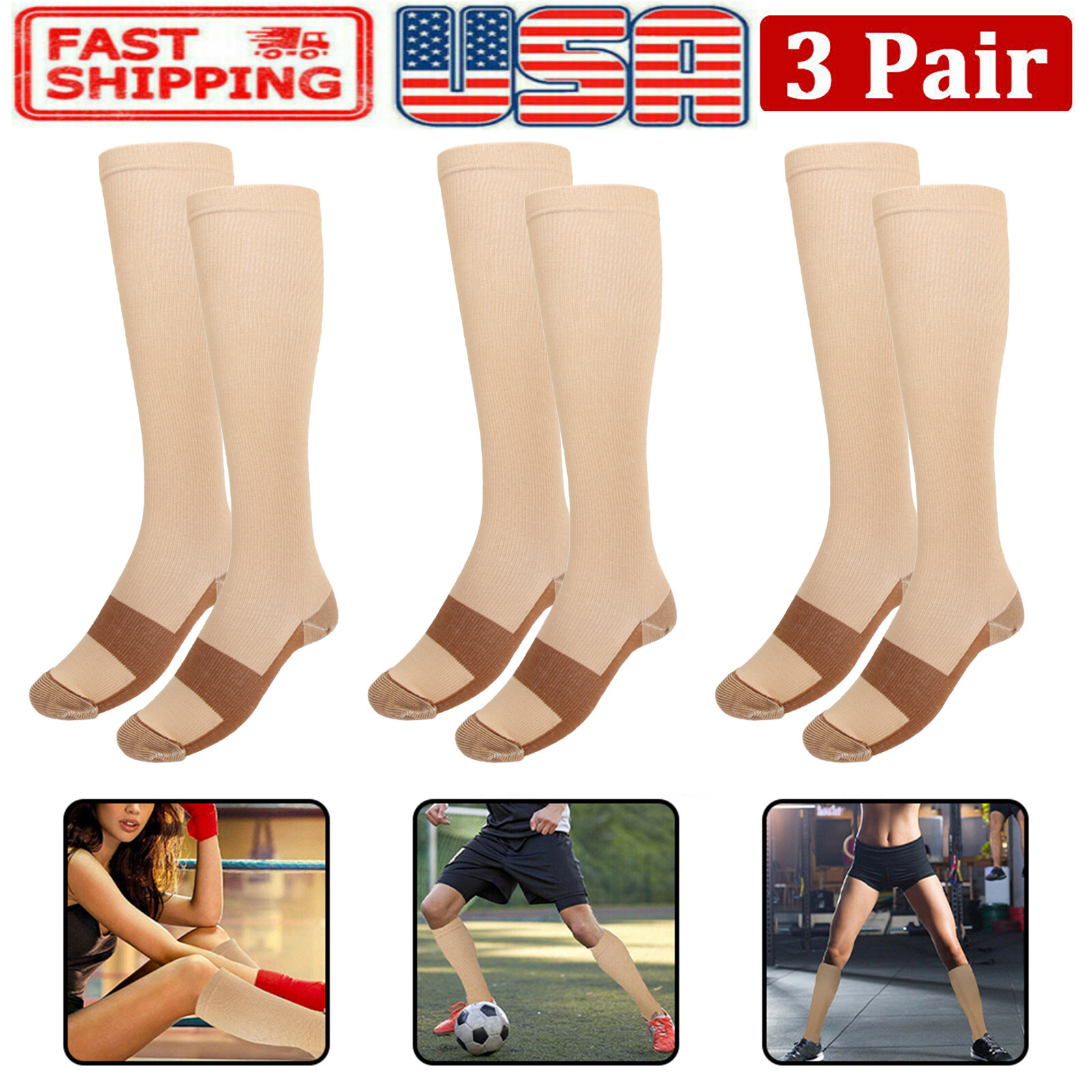 3 Pairs Copper Compression Socks Blood Circulation Pressure Stocking for Nursing