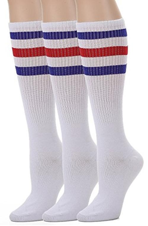 Knee High Tube Socks: Over the Calf Socks One Size C03-3pairs White/Blue/Red