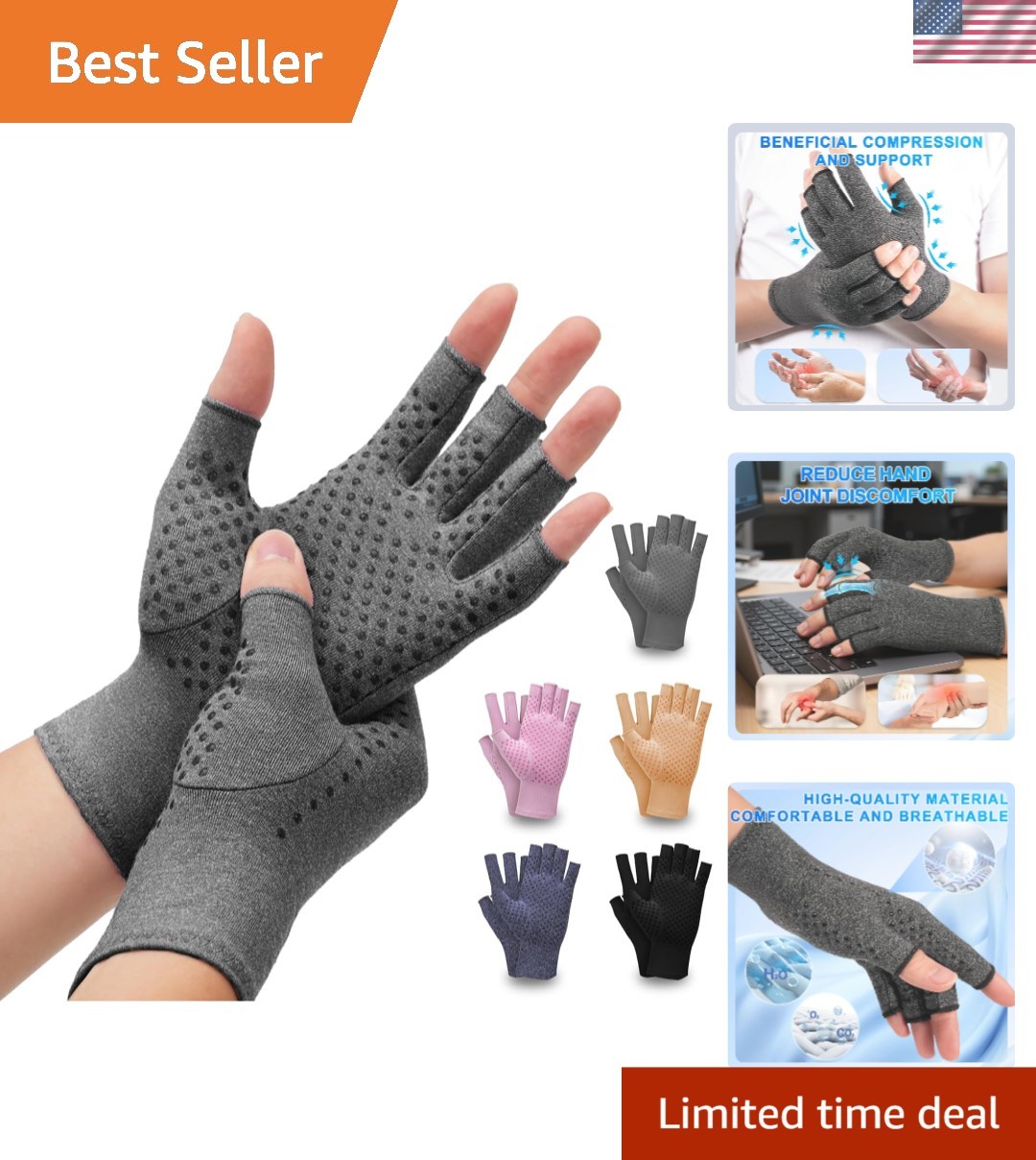 Breathable Fingerless Compression Gloves – 2 Pairs for Arthritis & Carpal Tunnel