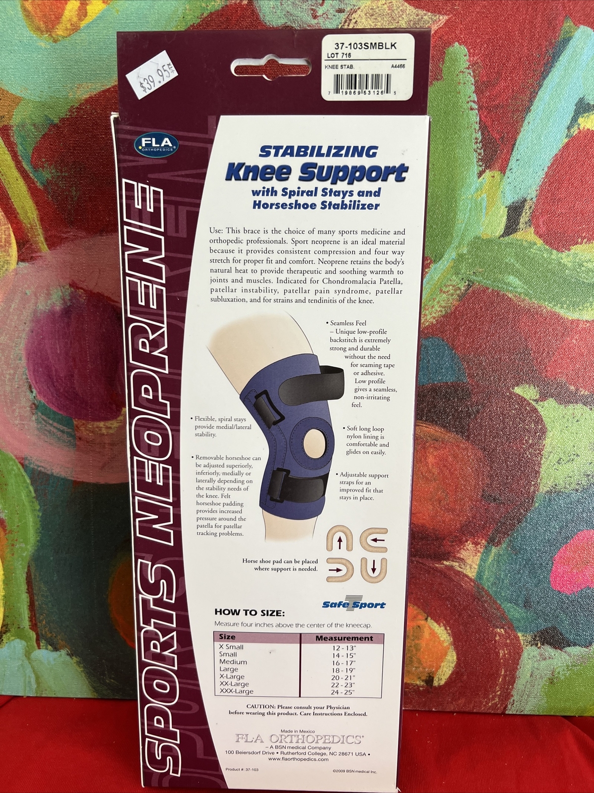FLA Small Stabilizing Knee Support w/Spiral Stays & Horseshoe Stabilizer Blk NIB