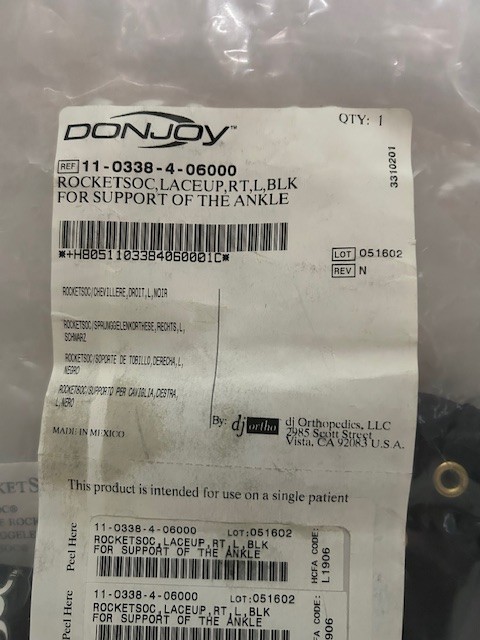 DONJOY RocketSoc LaceUp Ankle Support Brace RIGHT Size L, Black NEW