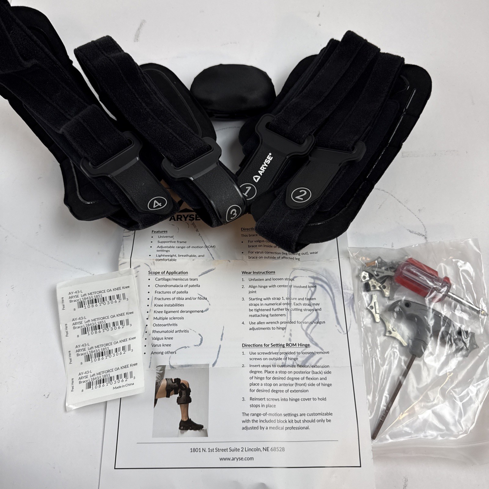 ARYSE AY-43-L METFORCE LEFT OA UNIVERSAL KNEE BRACE WITH TOOL SET NEW PAPERWORK