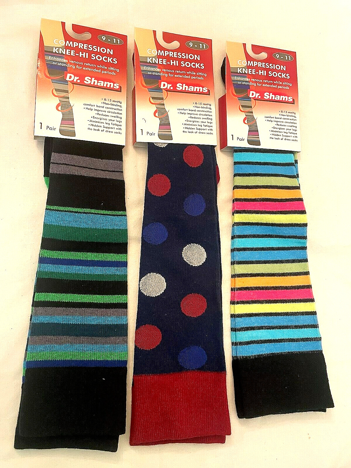 Compression Socks 3 pair Size 9-11 Knee High Socks Dr. Shams Moderate 8-15 mm Hg