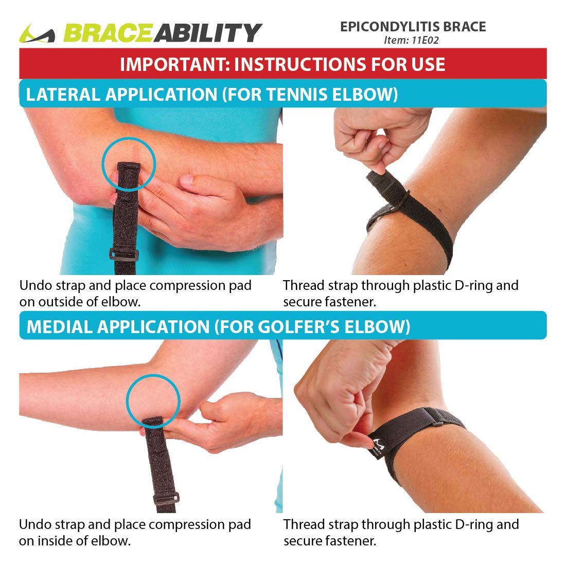 BraceAbility Epicondylitis Brace | Elbow Strap for One Size, Black