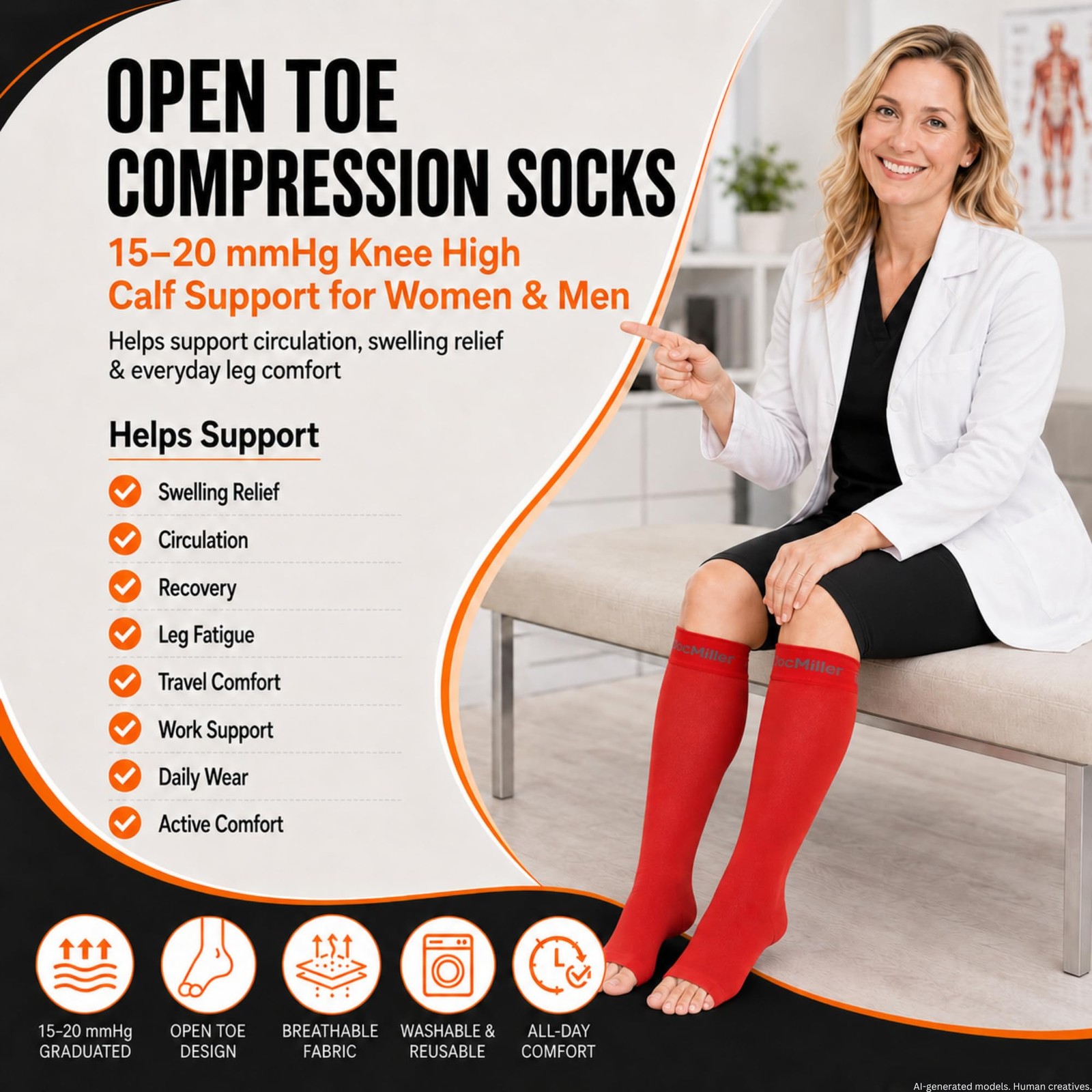 Open Toe Compression Socks 15–20 mmHg Knee High Calf Support Graduated 1 Pair