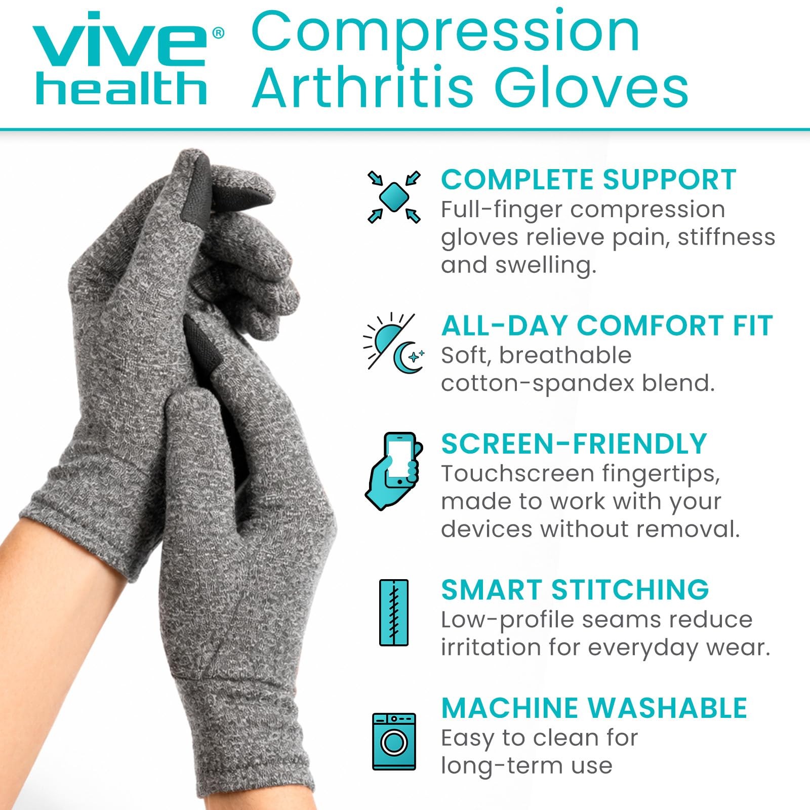 Vive Compression Arthritis Gloves Small Grey Full Finger