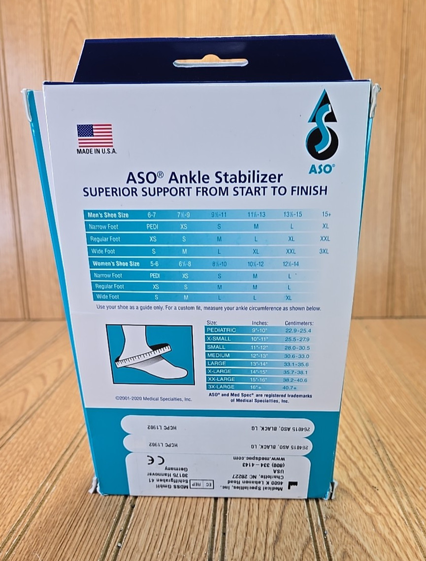 Med Spec 264015 ASO Ankle Stabilizer, Black, Large Fits Easily Into Any Shoe New