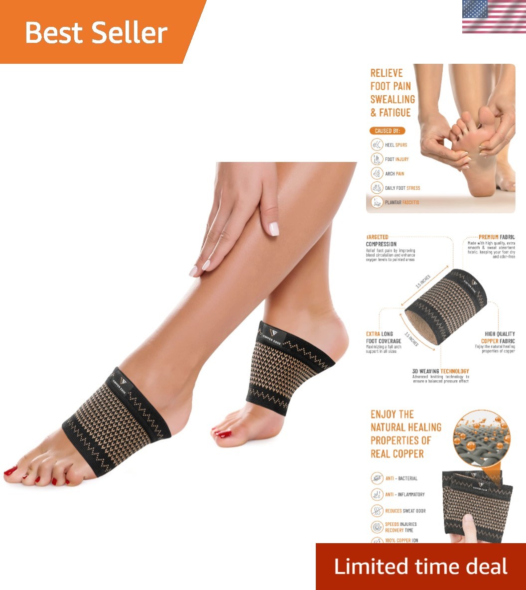 Unisex Copper Compression Half Socks – Pain Relief for Flat/High Arches, 2 Pairs