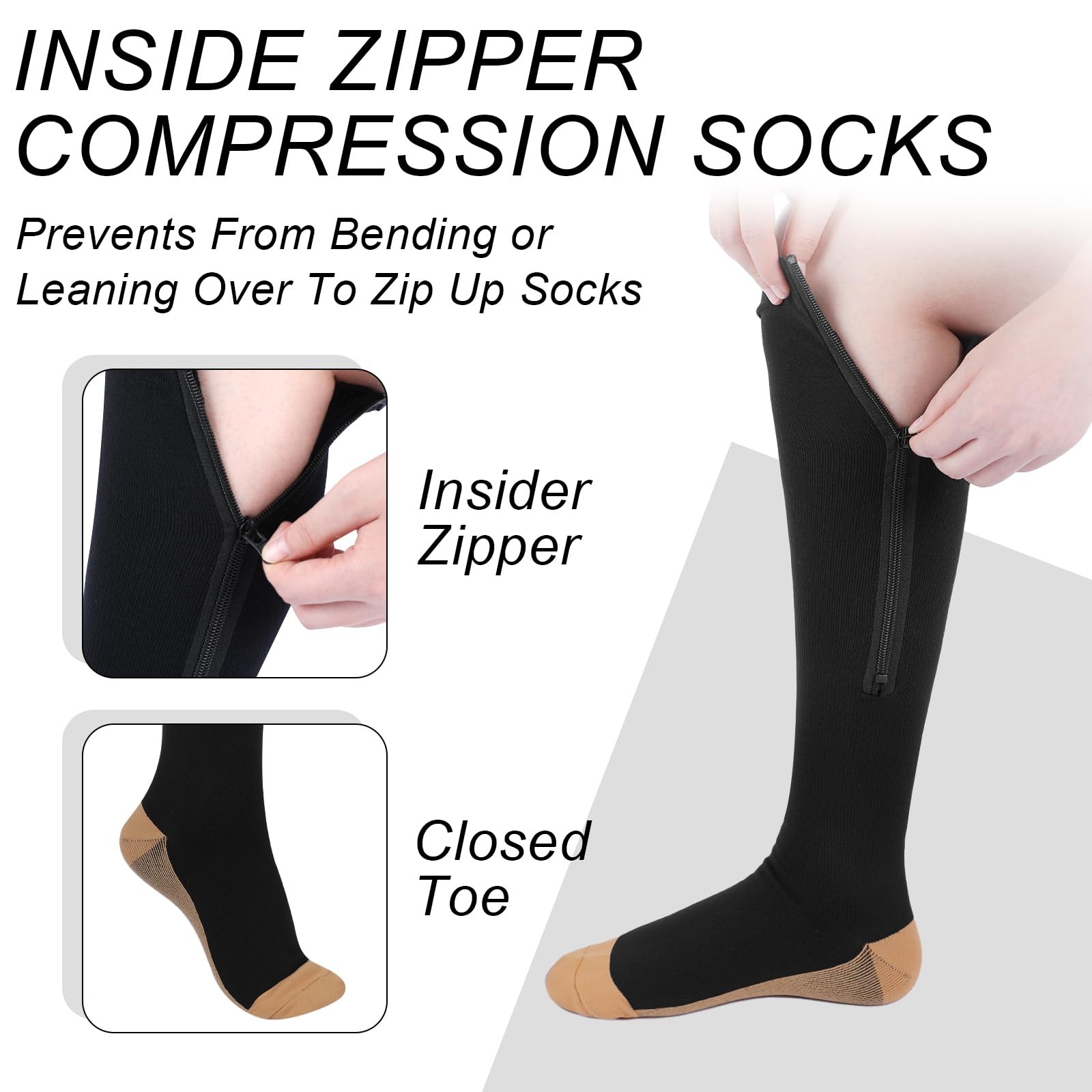 Tarpop 4 Pair Zipper Compression Socks Closed Toe 20-30 Mmhg Calf Knee High Comp