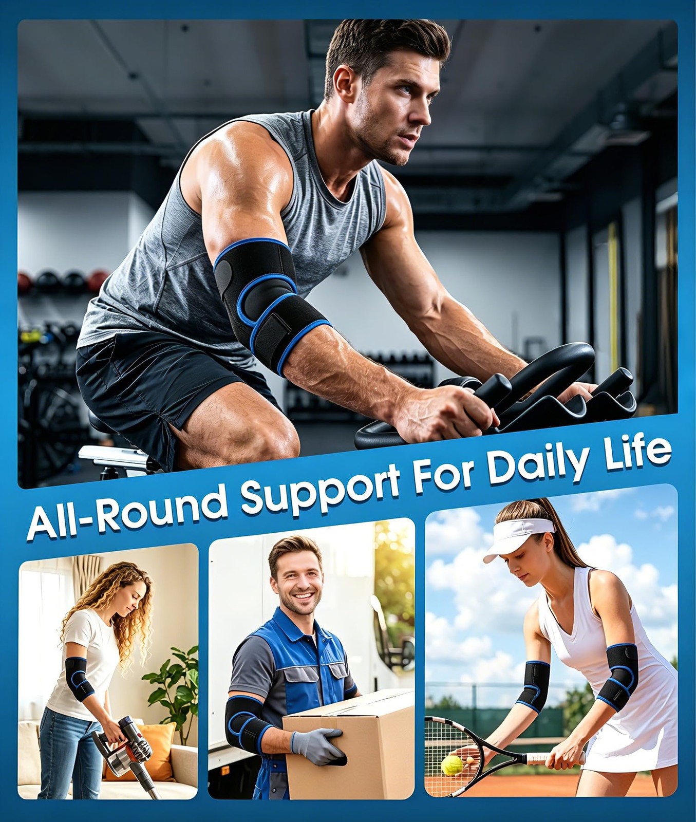 Adjustable Elbow Brace with Support for Tennis, One Size, Blue-Black
