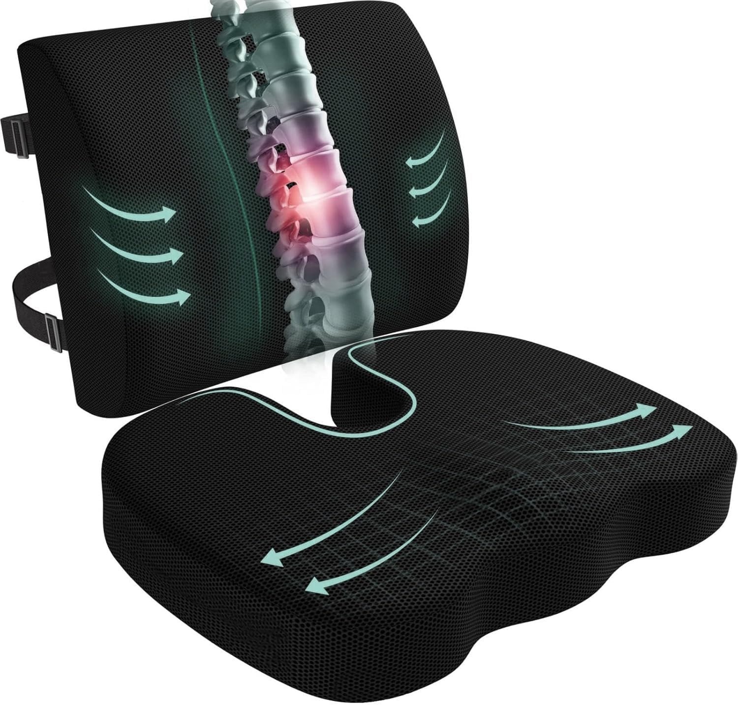 Ergonomic Memory Foam Seat Cushion & Lumbar Support for Sciatica & Back Pain