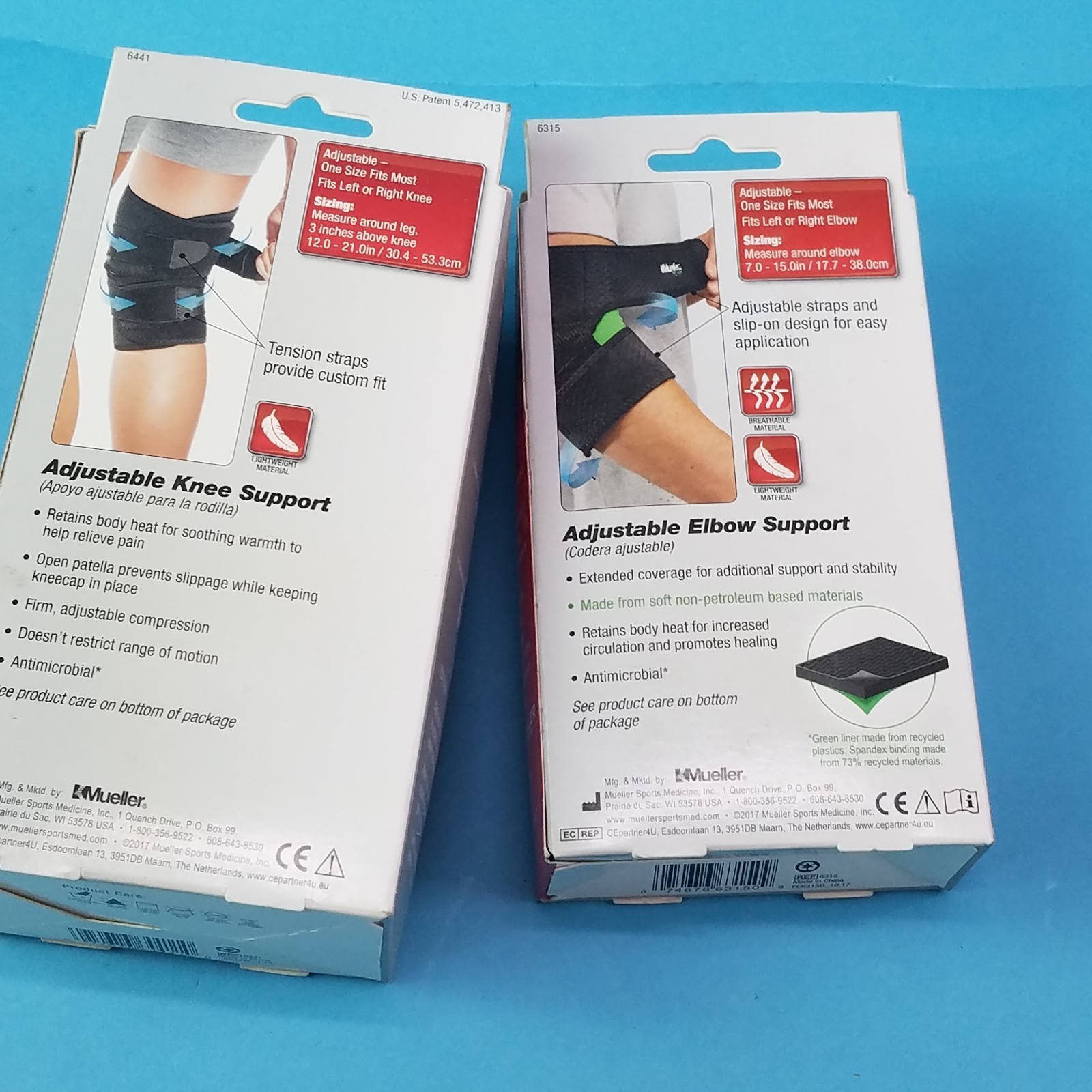Mueller One elbow support and one knee support Both adjustable one price