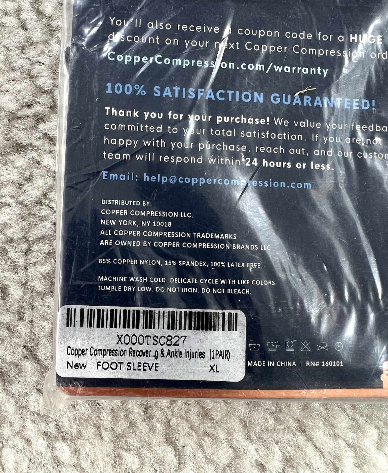 Copper Compression 1 Pair Copper Infused Foot Sleeve Adult Size XL New Sealed