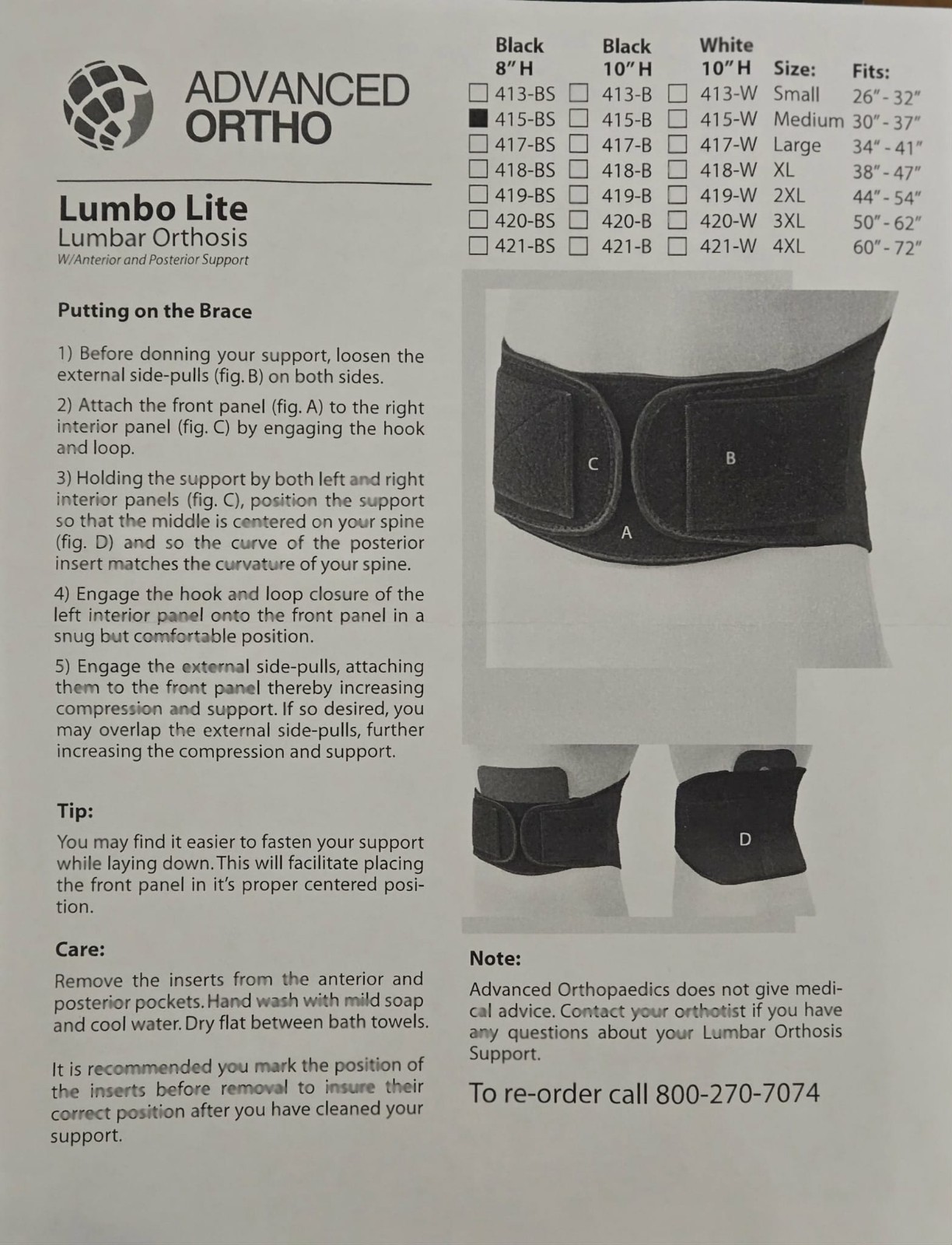 Advanced Orthopaedics Lumbo Lite Lumbar Orthosis, Black, Medium