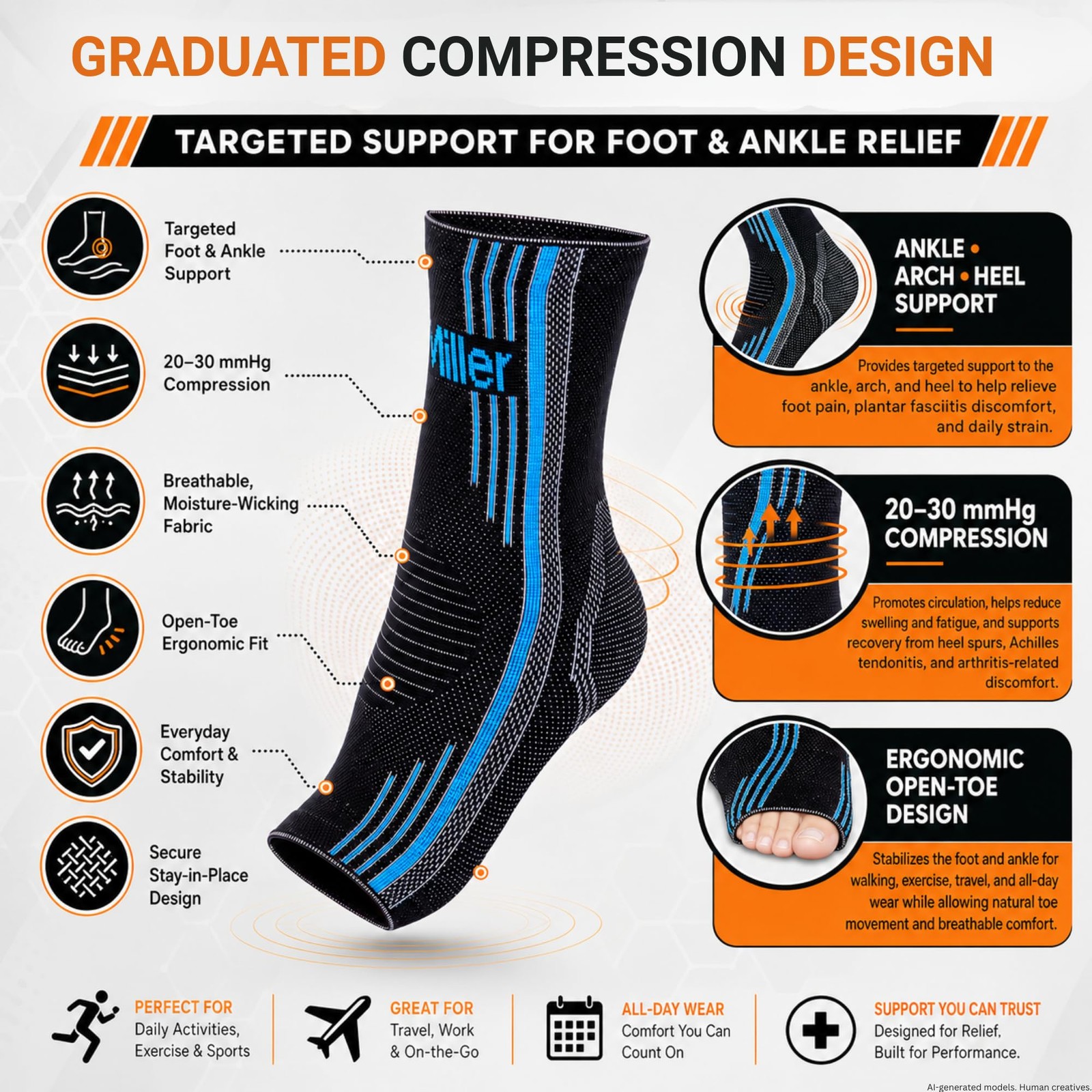 Doc Miller Plantar Fasciitis Compression Socks, 20-30mmHg, 1 2X-Large, Orange